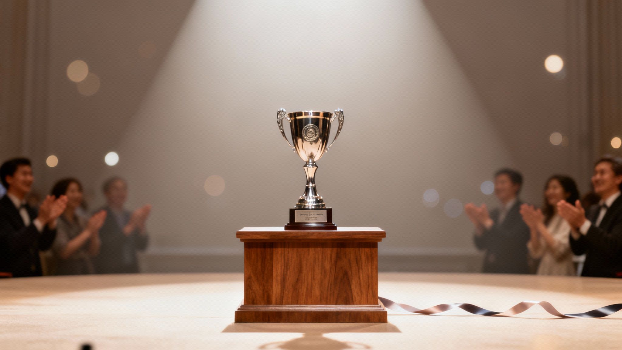 A gleaming silver trophy on a wooden pedestal, spotlit, with a blurred audience clapping in the background.