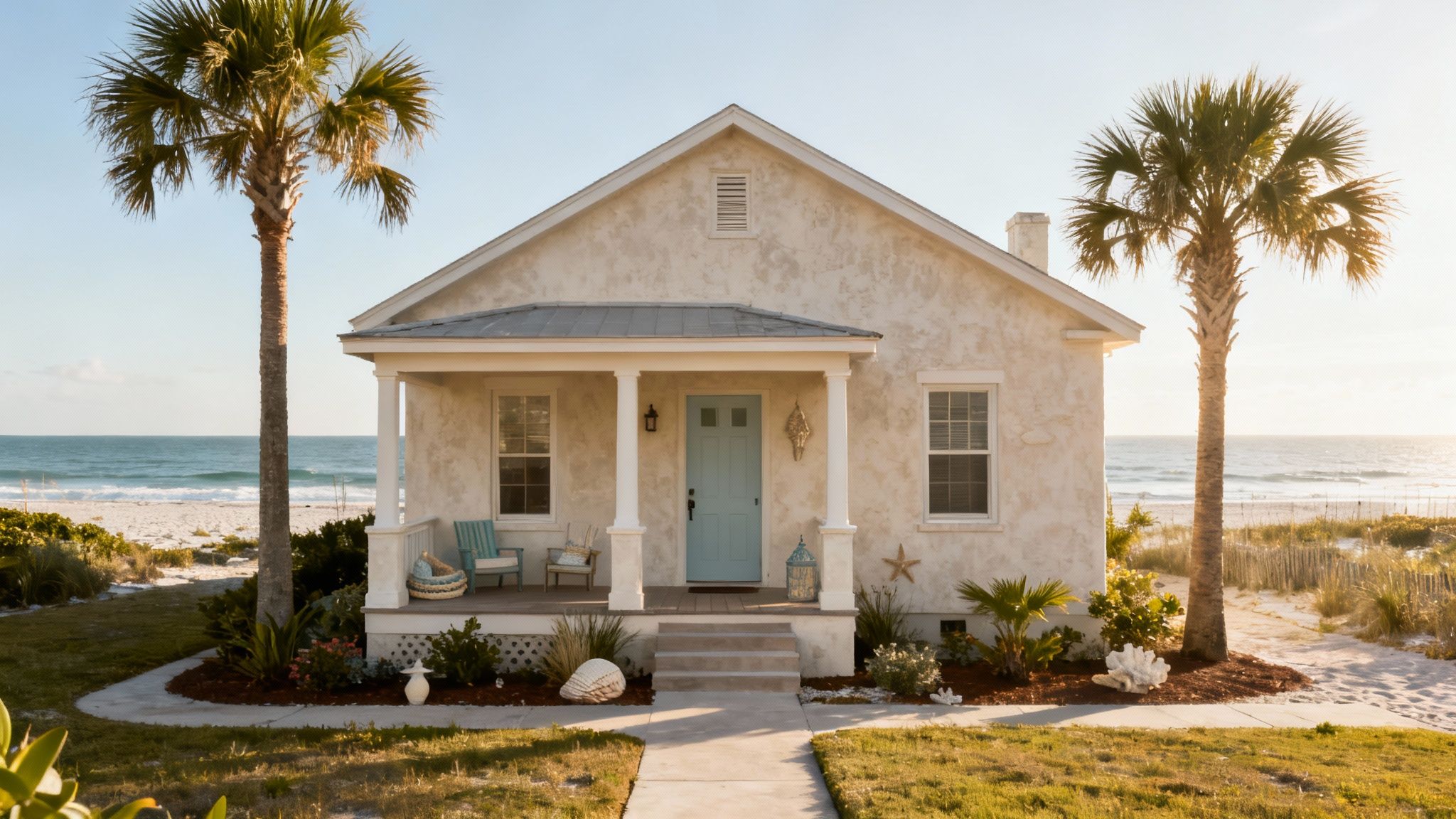 A charming beach house with a blue door and porch, framed by palm trees, overlooking the ocean.