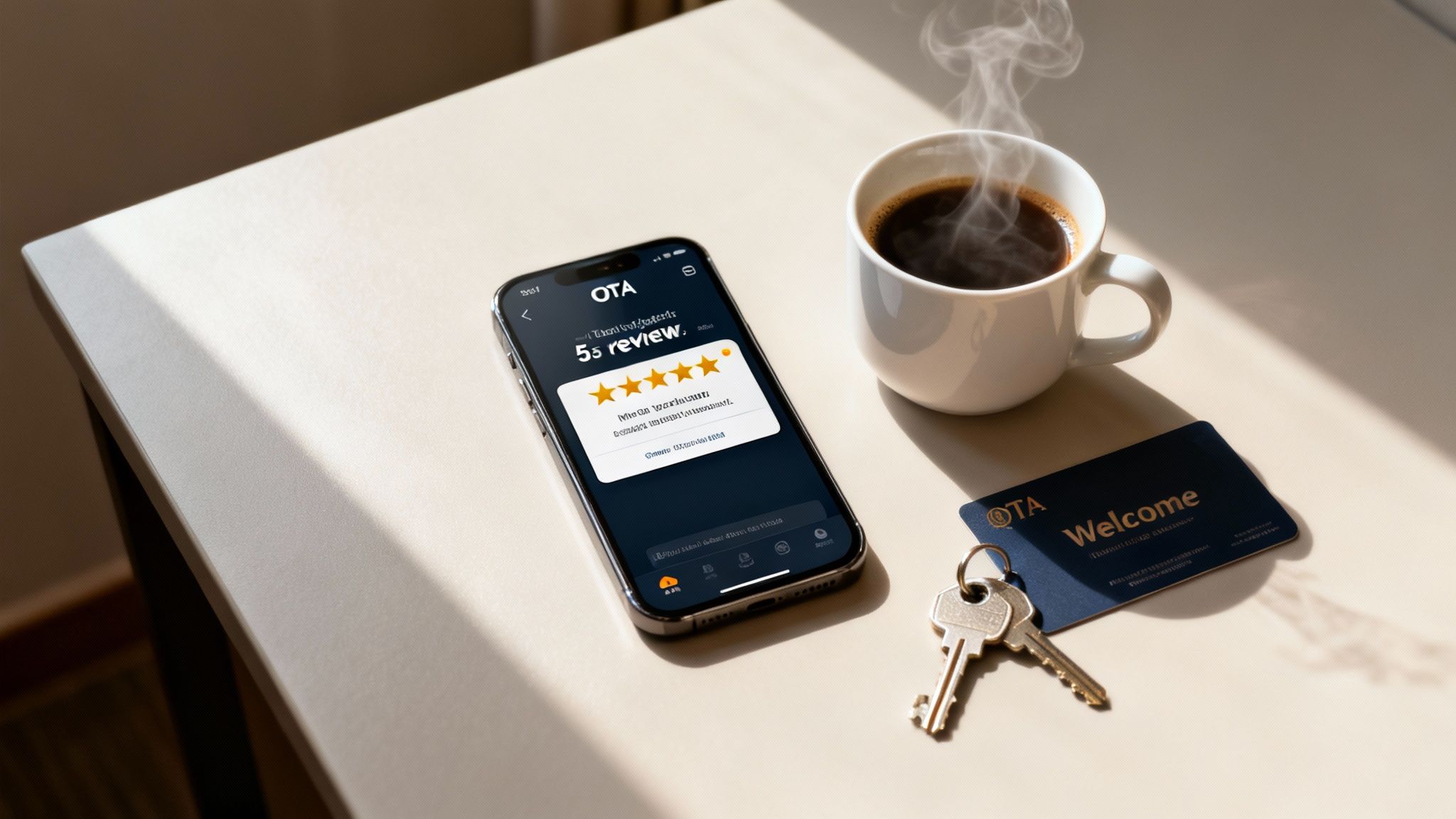 A smartphone displaying a 5-star hotel review, a steaming coffee, and a welcome key card with keys on a table.