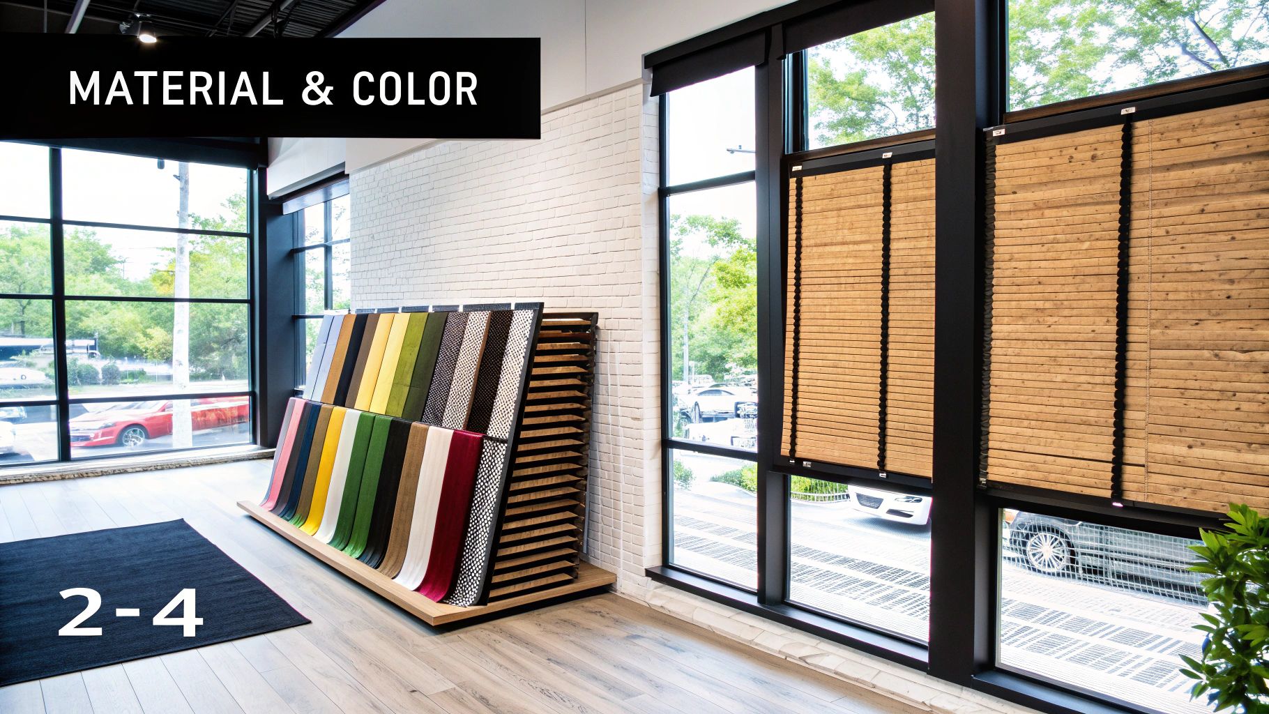 A modern showroom featuring a large window with a display of fabric samples and wooden blinds.
