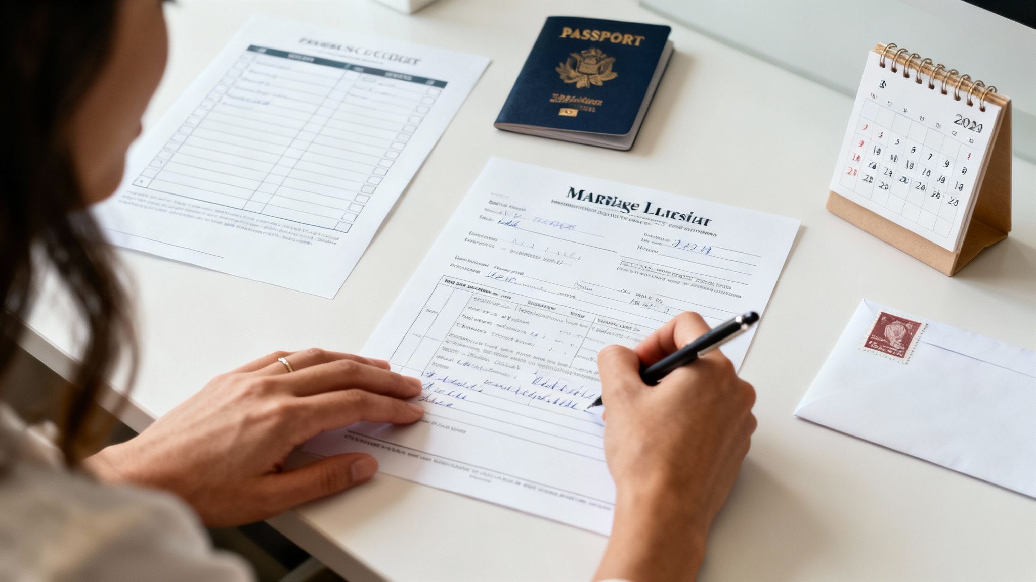 A bride and groom exchange vows under a beautifully decorated arch by a lake.