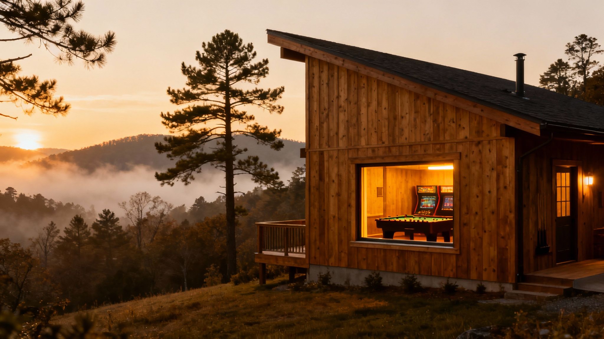A cozy cabin game room with a pool table and arcade machine.