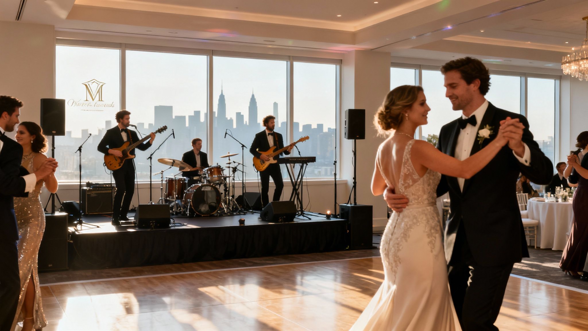 A happy bride and groom dance at their wedding reception while a live band performs in front of a city skyline.