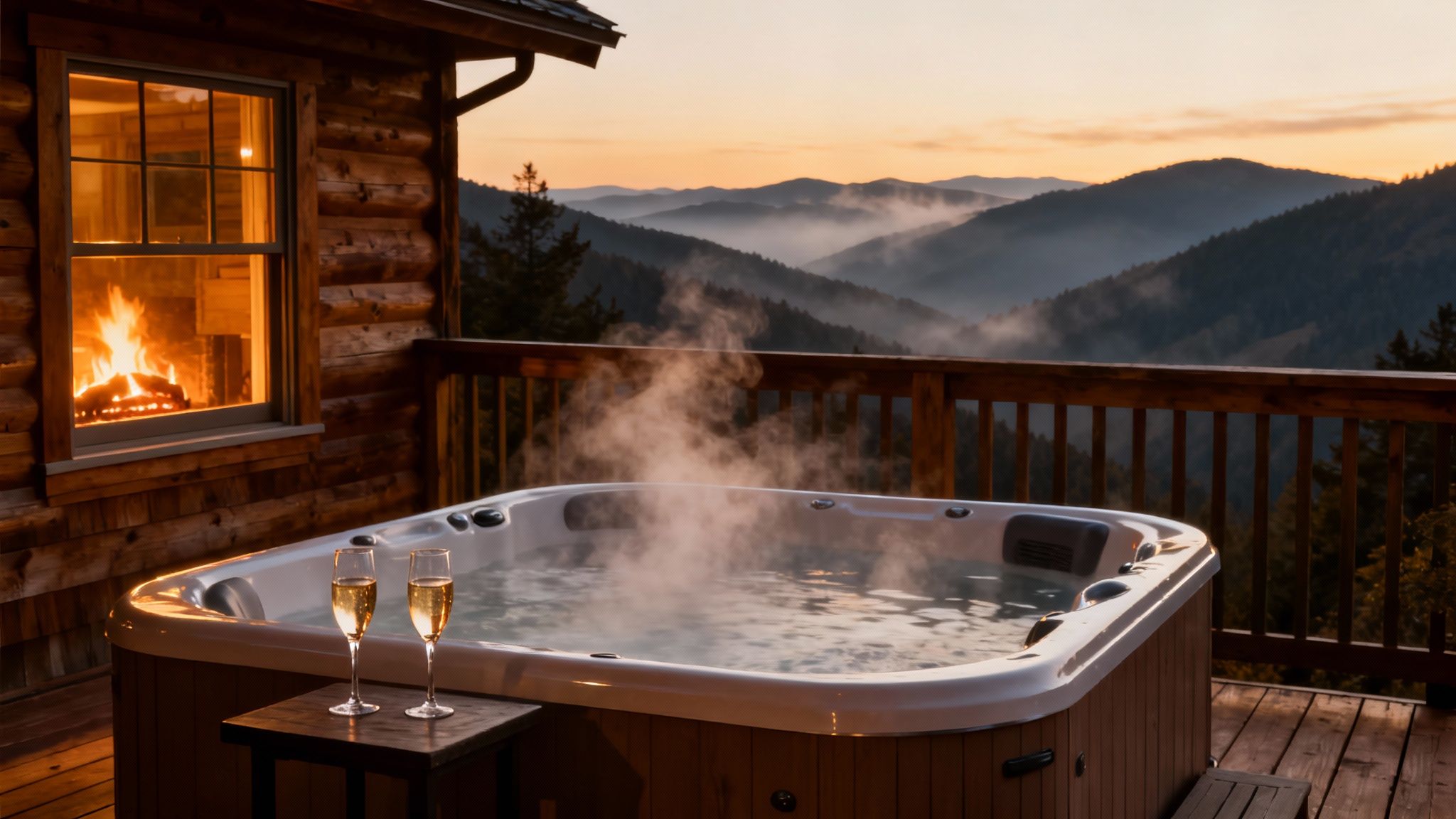 Romantic hot tub with champagne on a cabin deck overlooking misty mountains at sunset.