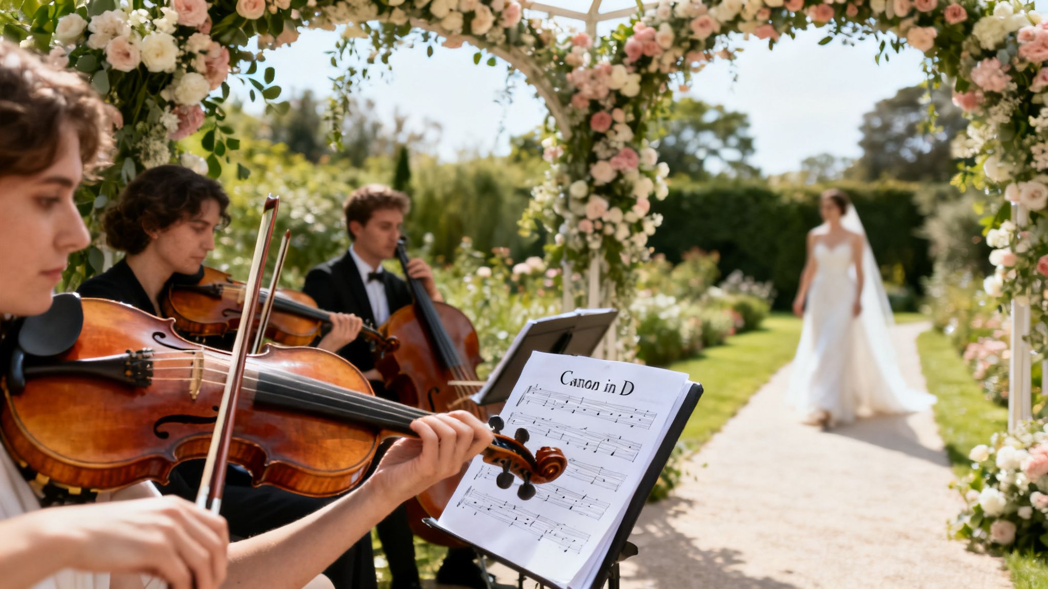 A string quartet performs "Canon in D" at a sunny outdoor wedding as the bride walks down the aisle.
