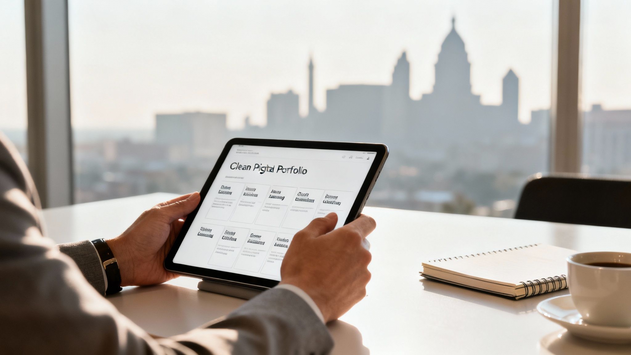 A businessman reviews a clean digital portfolio on a tablet in an office with a city view.