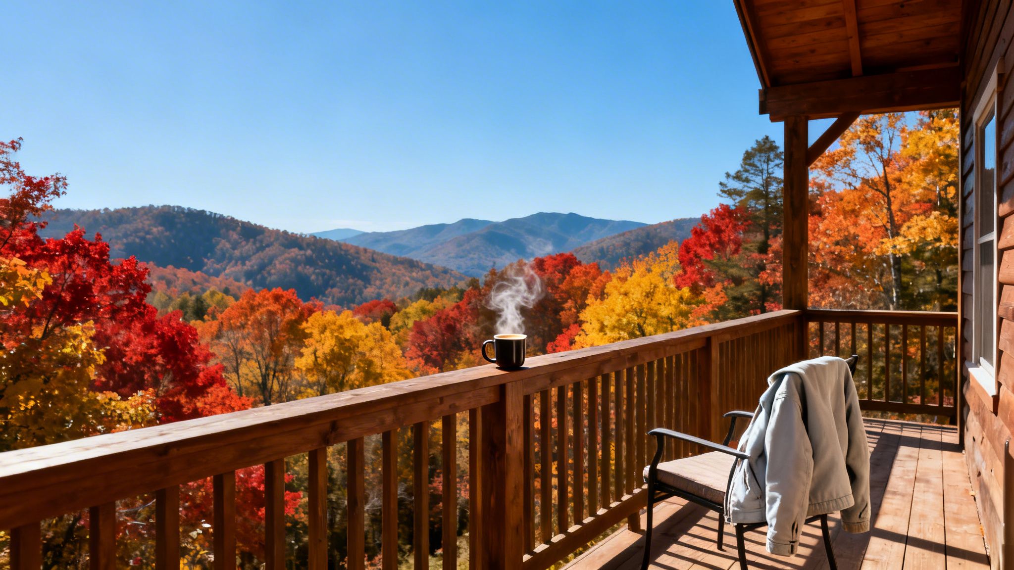 A cozy cabin balcony overlooks vibrant autumn mountains with a steaming mug and blue sky.