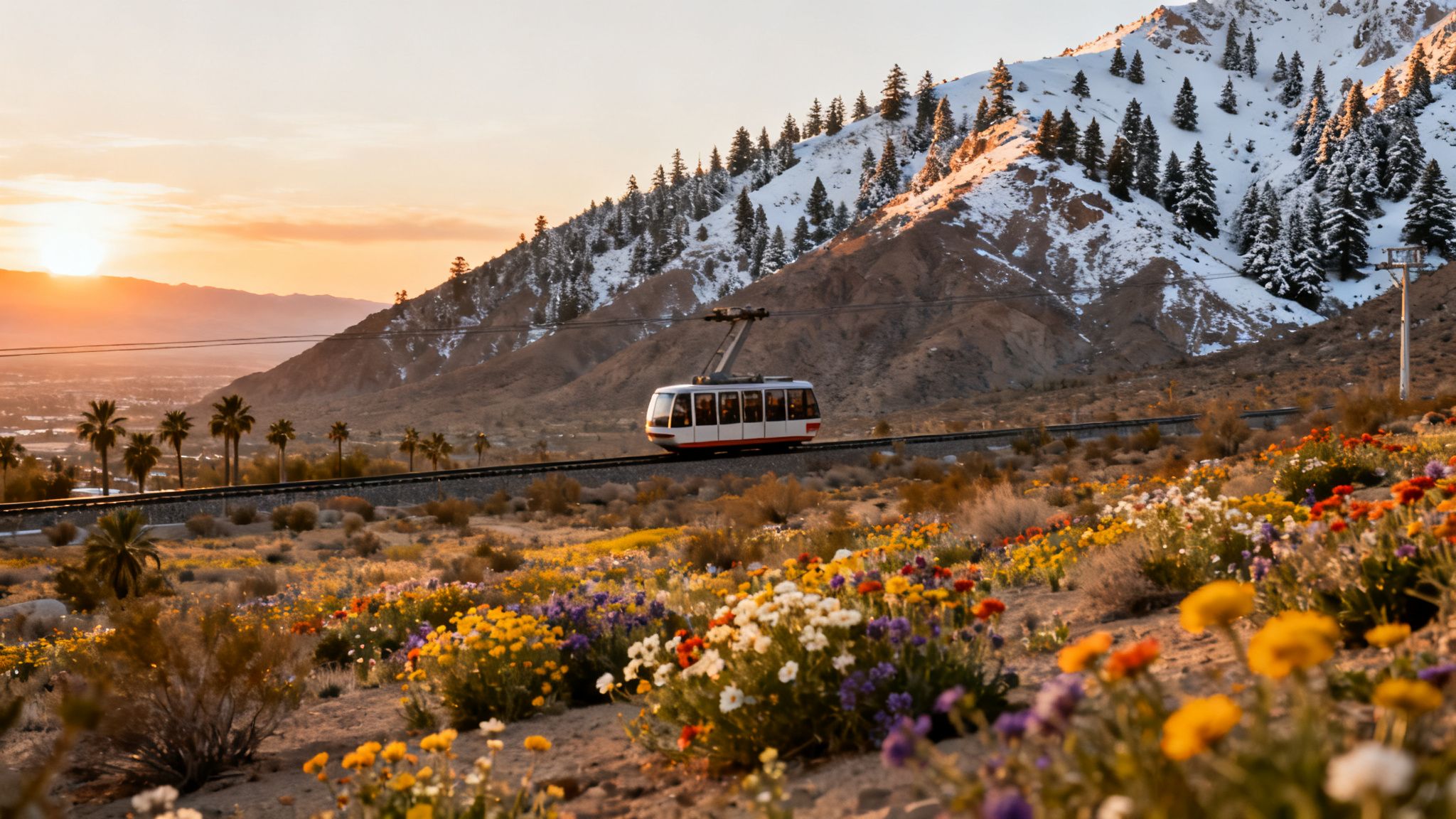 Scenic view of Palm Springs Aerial Tramway with desert wildflowers and snow-capped mountains at sunset.