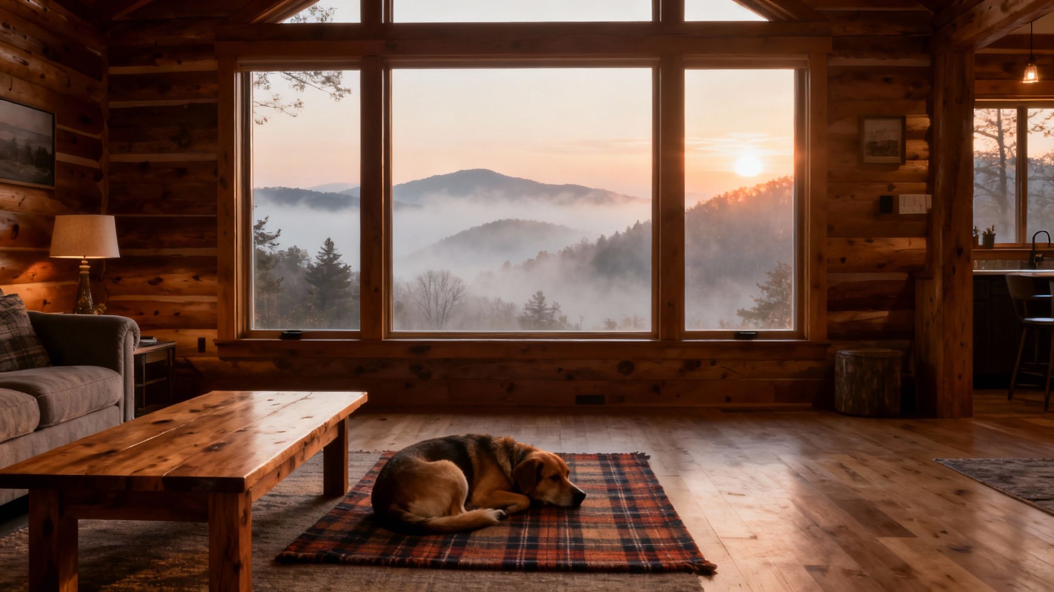 A dog sleeps on a plaid rug in a log cabin with a misty mountain view at sunrise.