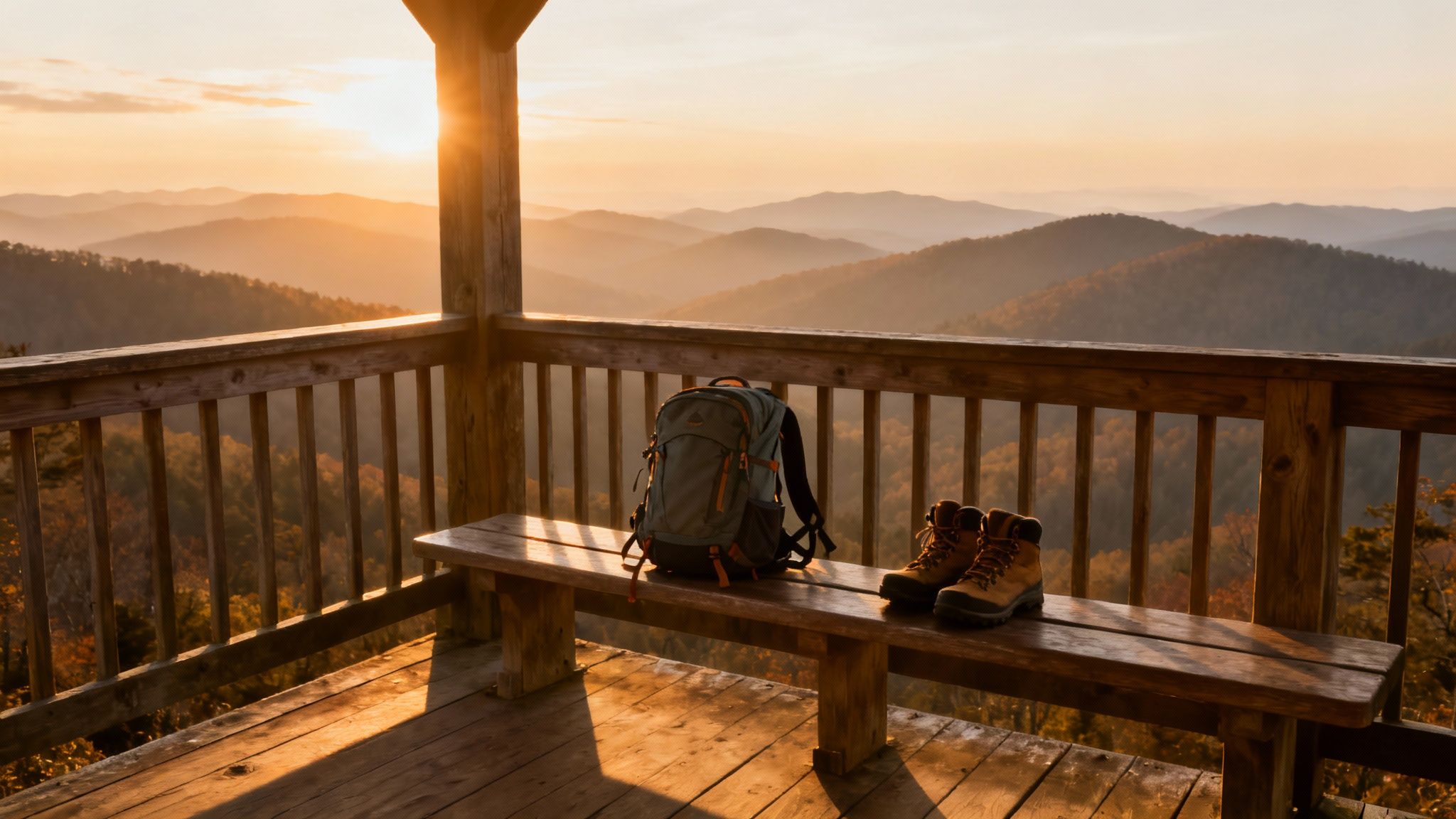 A hiking backpack and boots on a wooden bench at a mountain overlook during a golden sunset.