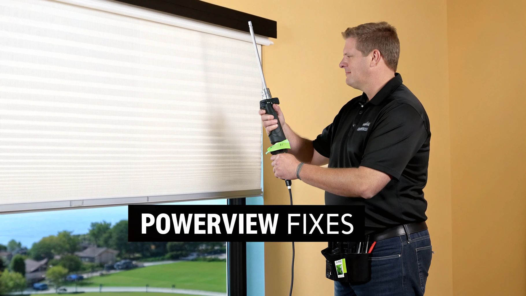 A man uses a specialized tool to fix white Hunter Douglas PowerView blinds on a window.