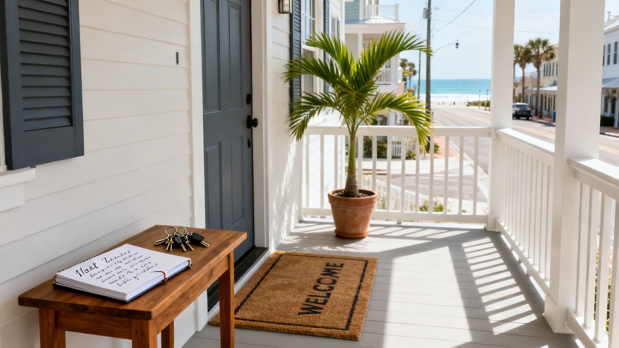 A welcoming beach house porch with a welcome mat, guest book, keys, and an ocean view.