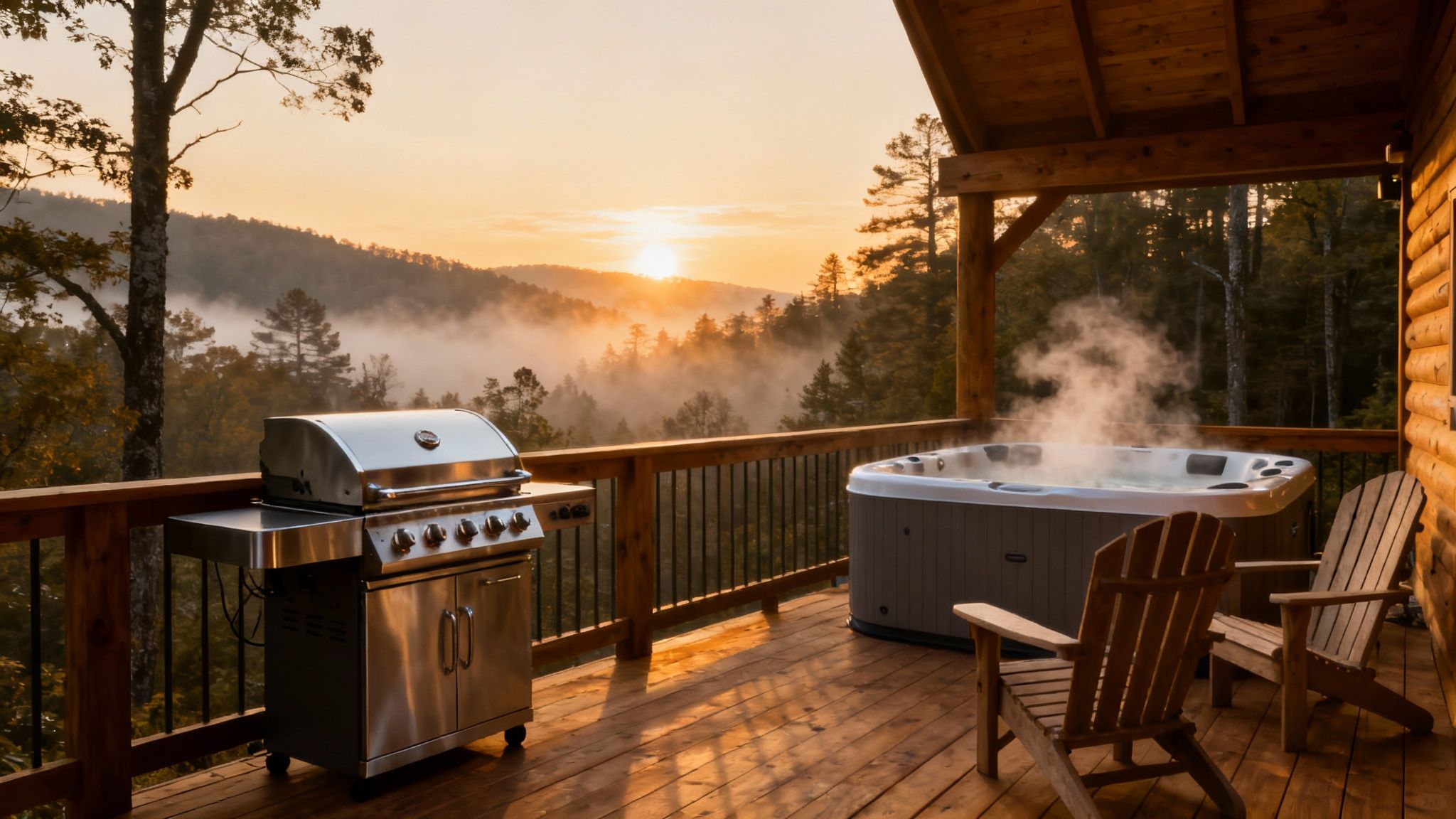 A family enjoying the view from a cabin deck in the Smoky Mountains.
