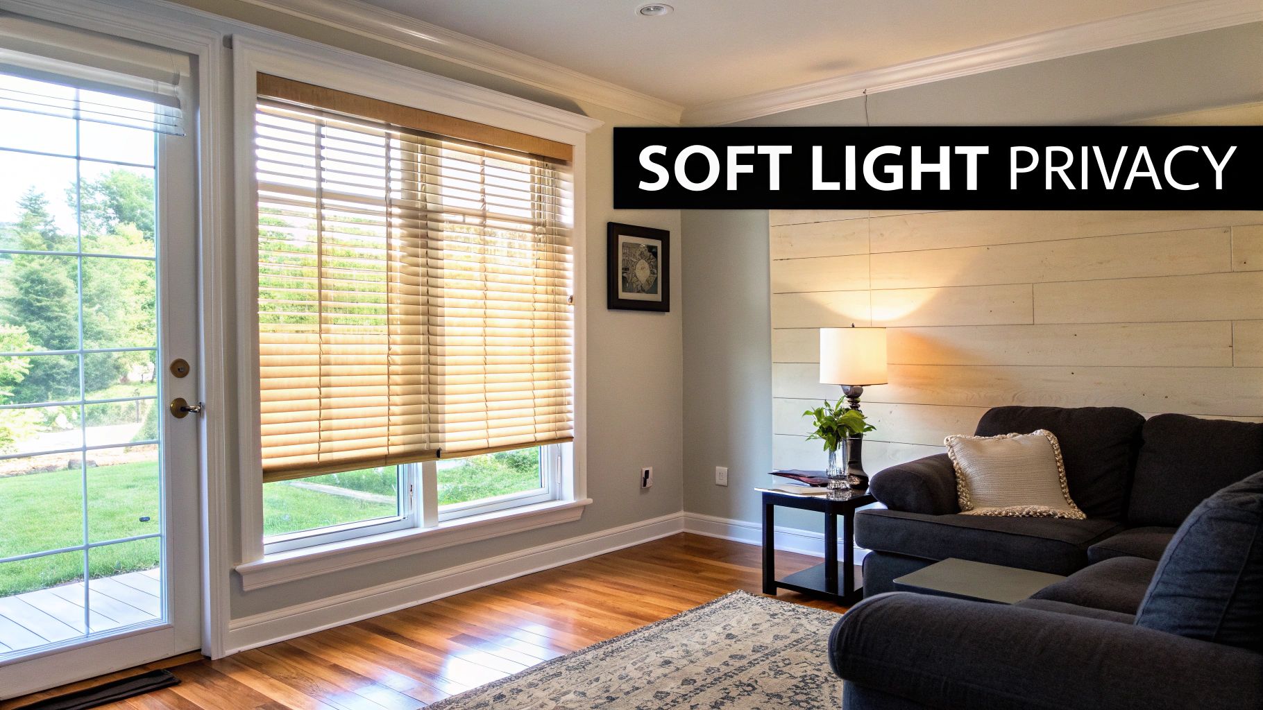 A cozy living room with light-filtering horizontal blinds on a large window providing soft light and privacy.