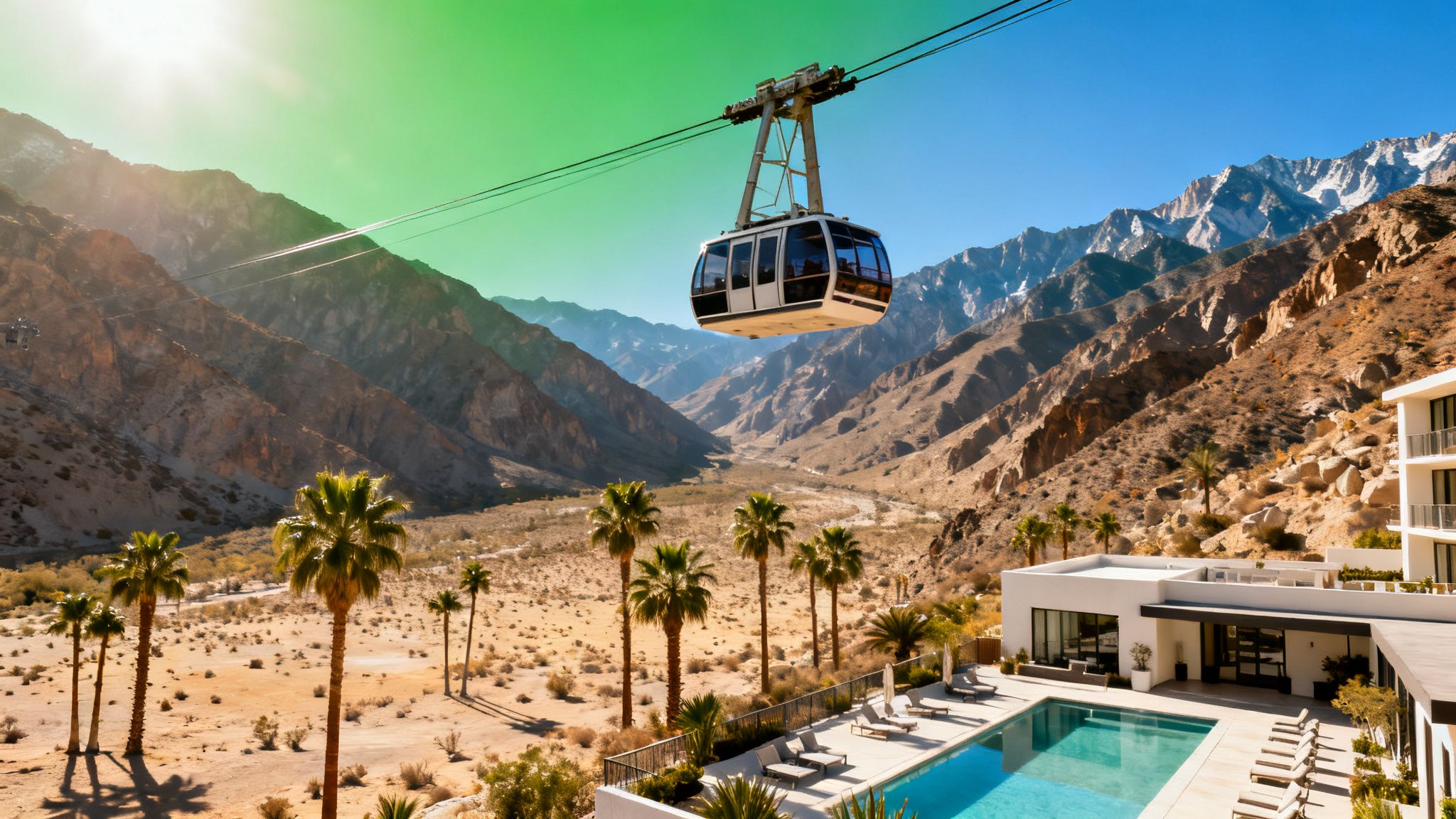 A scenic view of a cable car over a desert valley with mountains, palm trees, and a modern resort with a pool.