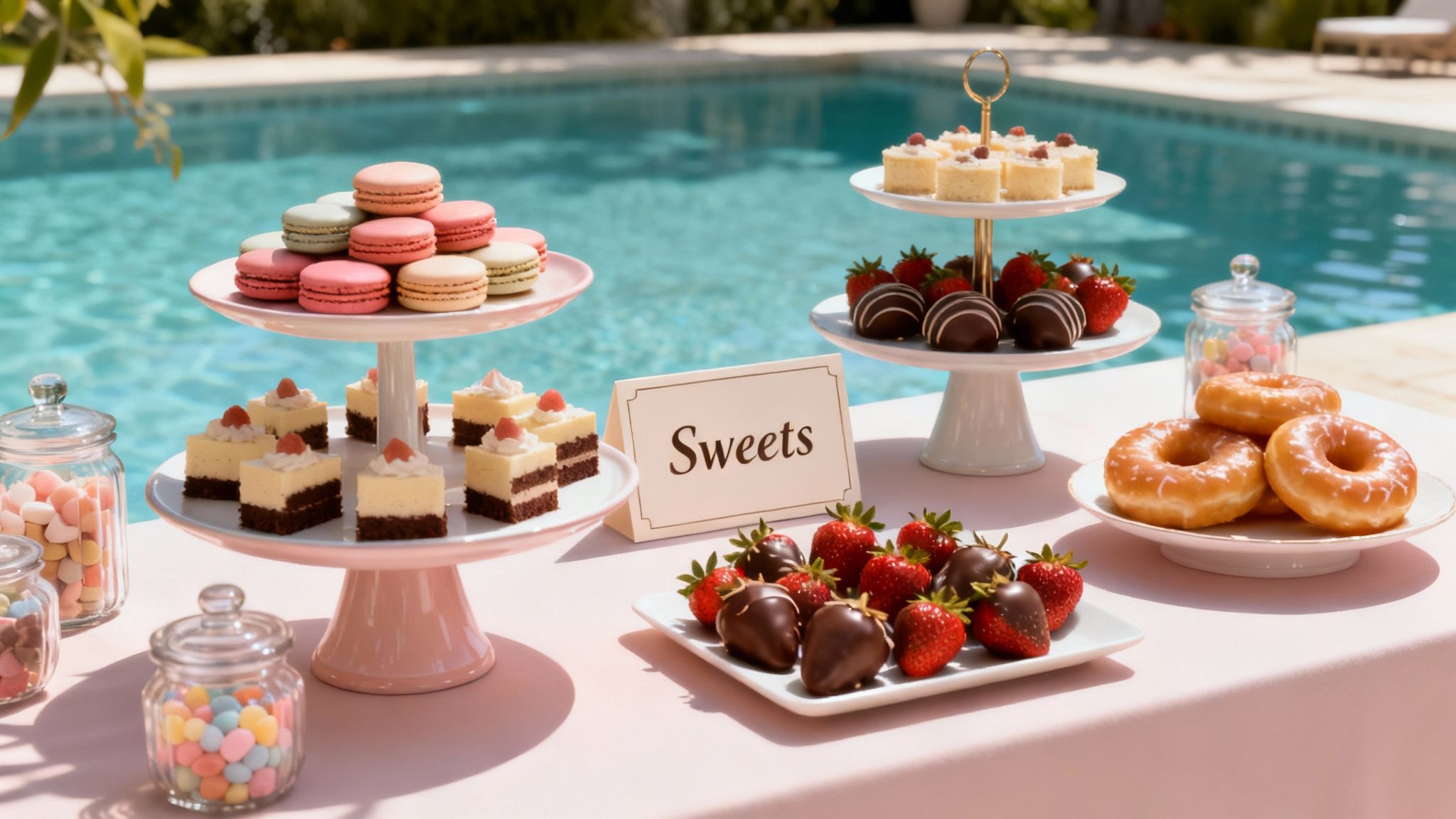 A vibrant outdoor dessert table laden with macarons, cakes, strawberries, donuts, and candies by a pool.
