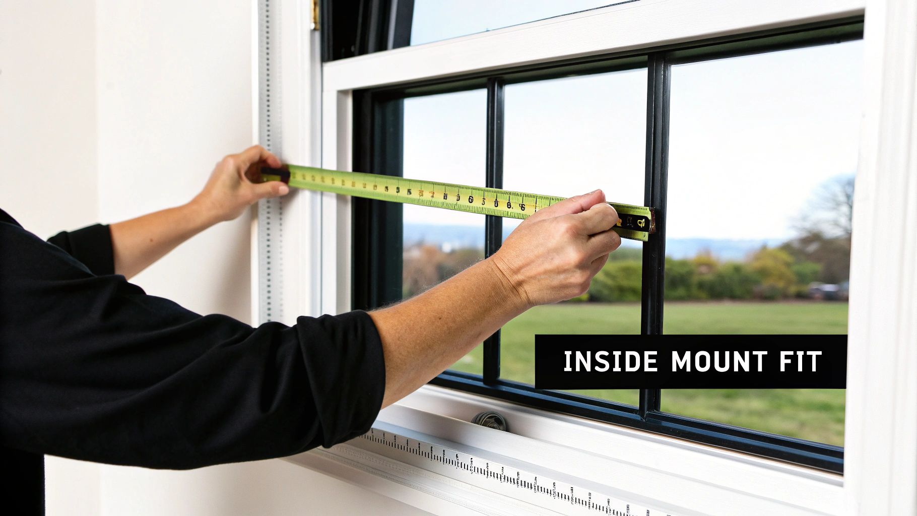 A person using a steel tape measure to get the width of an inside window frame for a Roman shade.