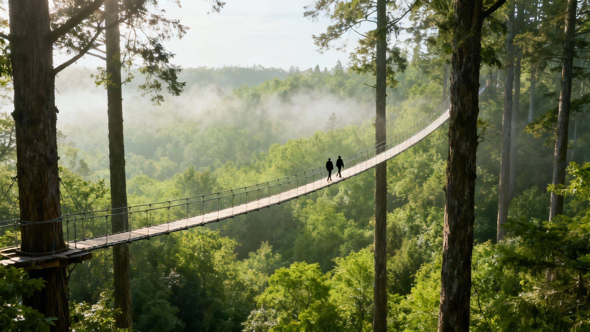 Two people walk a long suspension bridge above a misty green forest canopy between tall trees.