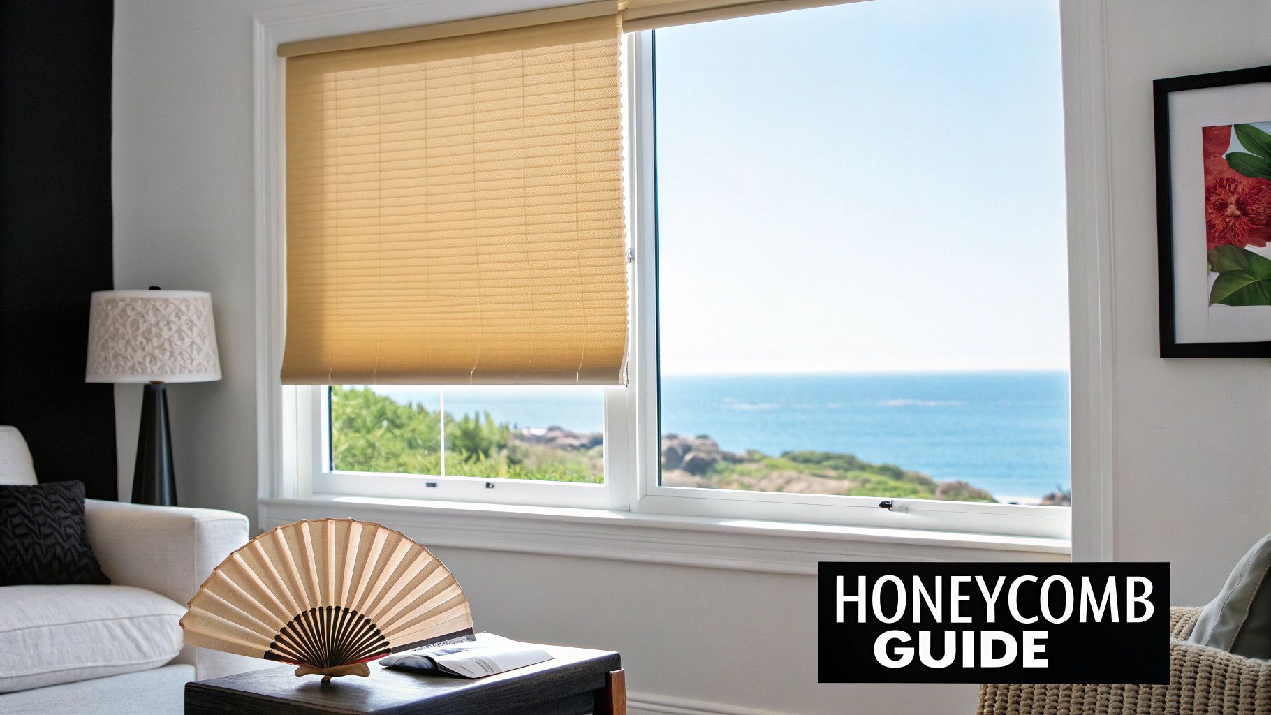 A bright, modern living room with large windows fitted with light-filtering single cell honeycomb shades.