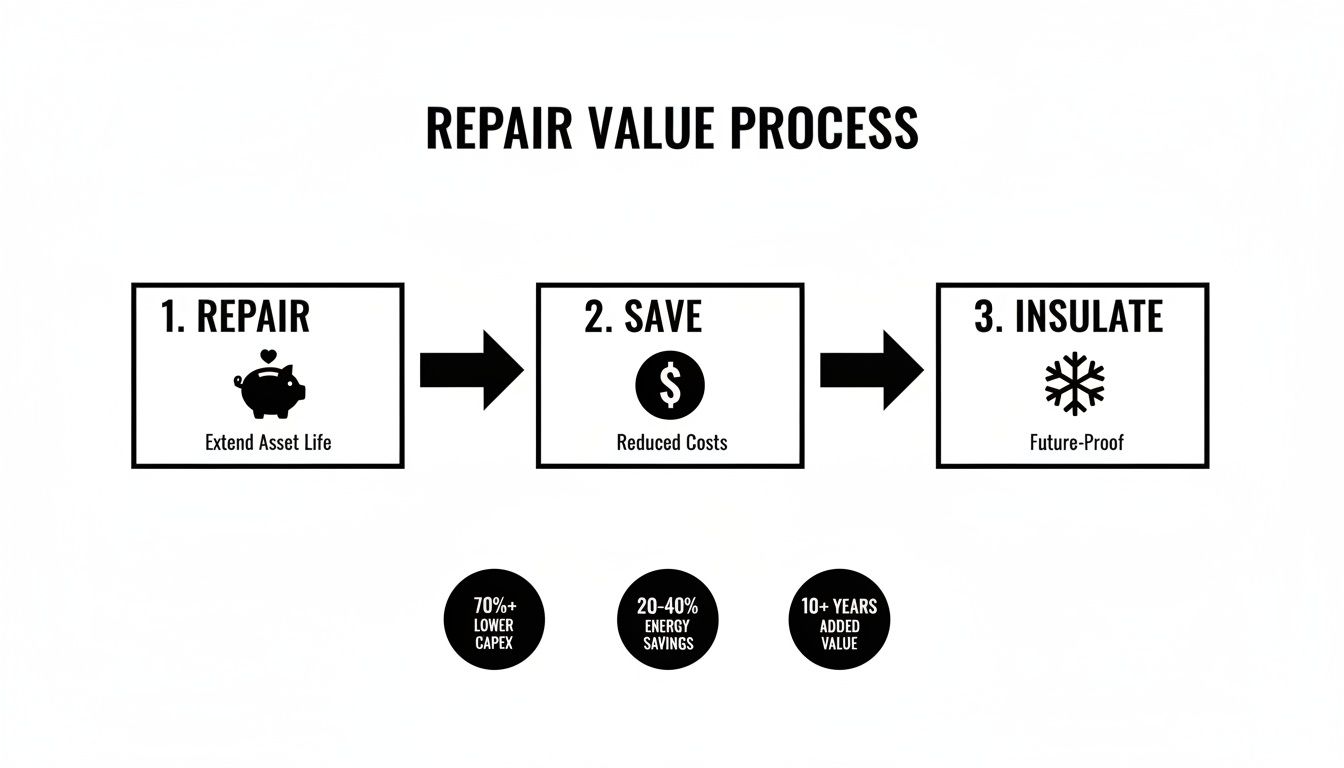 A diagram illustrates the three-step repair value process: repair, save, insulate, highlighting key benefits.