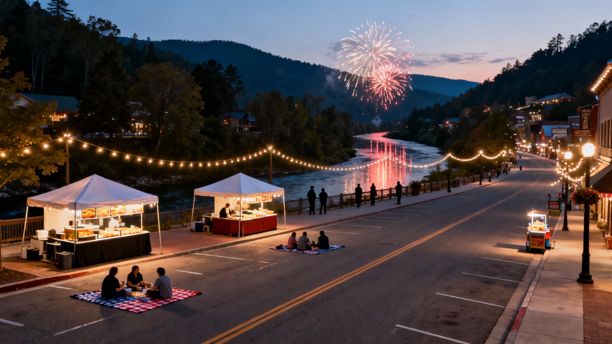 Fireworks light up a festive riverside town at night with food stalls and people enjoying the evening.