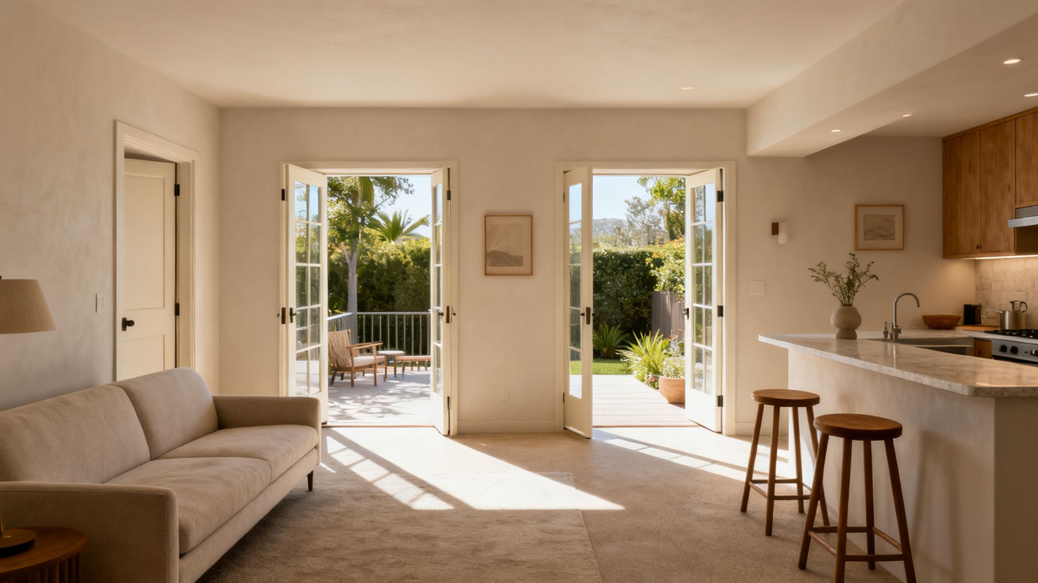 A bright, open-plan living room and kitchen with French doors leading to a sunny outdoor patio.