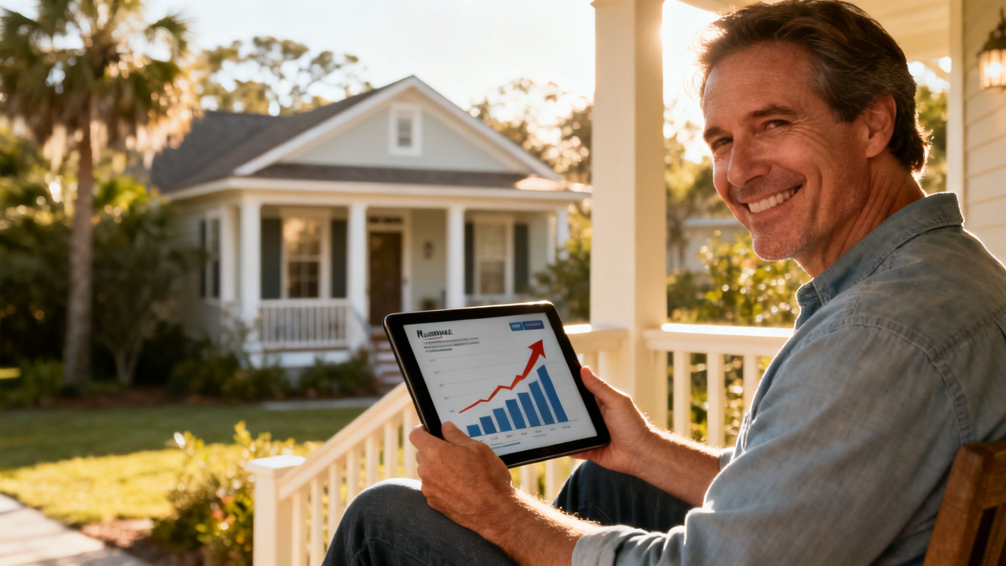 A smiling man on his porch, viewing financial charts on a tablet, with his house in the background.