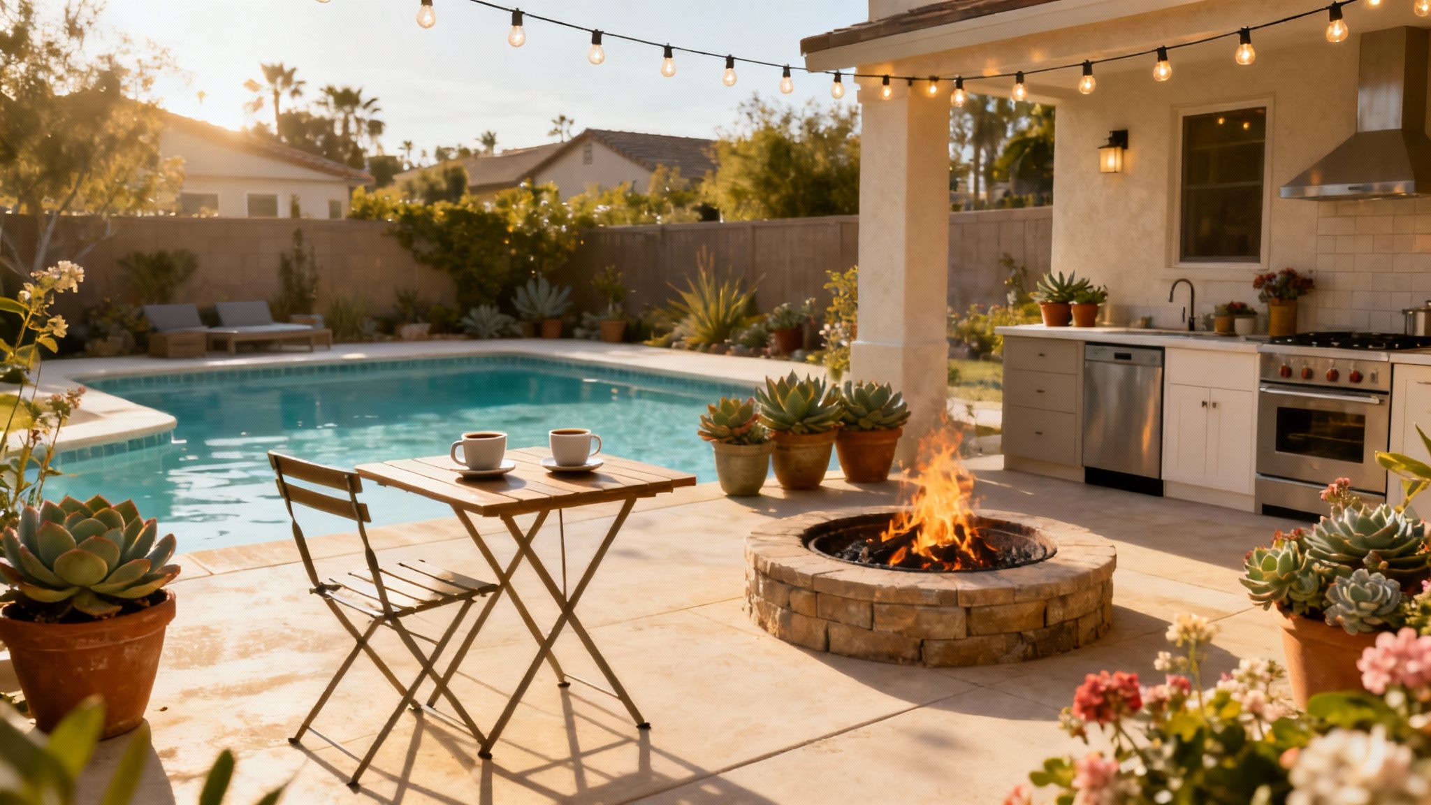 A serene, floral-lined pool courtyard at The Muse Hotel Palm Springs