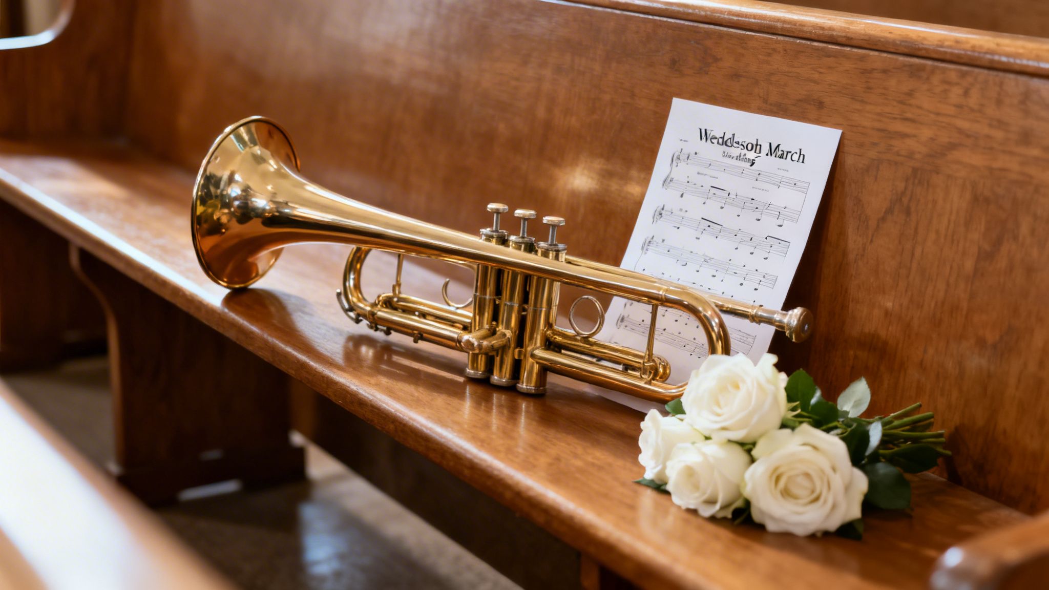 Golden trumpet, sheet music for Wedding March, and white roses on a wooden church pew.