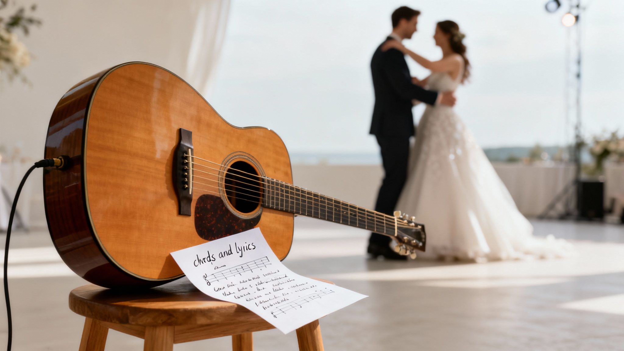 An acoustic guitar and sheet music with chords and lyrics, with a blurry couple dancing at a wedding.