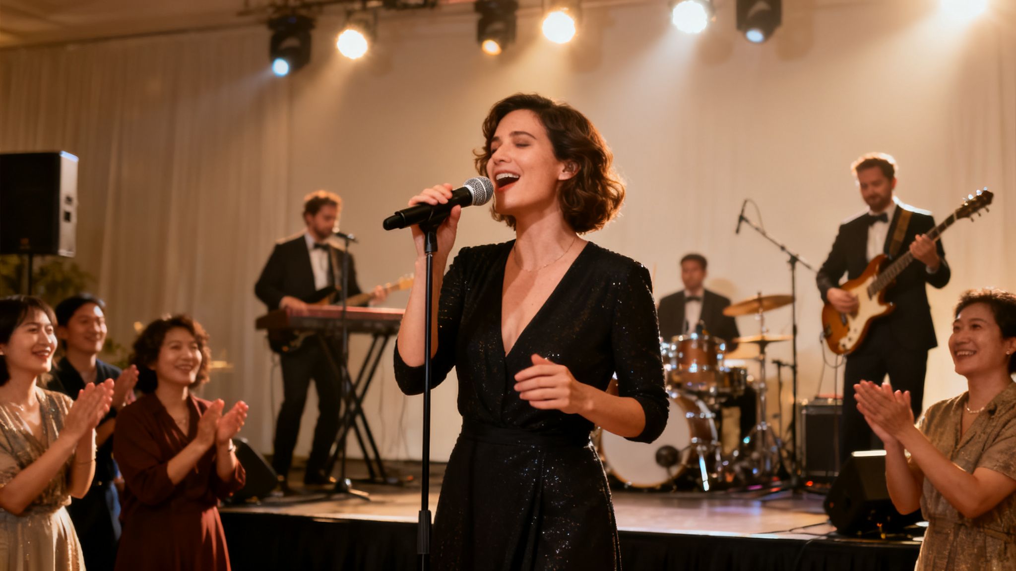 A smiling female singer performs with a live band as delighted guests clap.