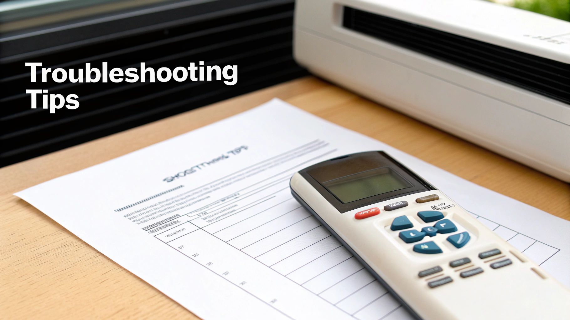 A remote control and a 'Troubleshooting Tips' document are on a wooden desk with an electronic device.