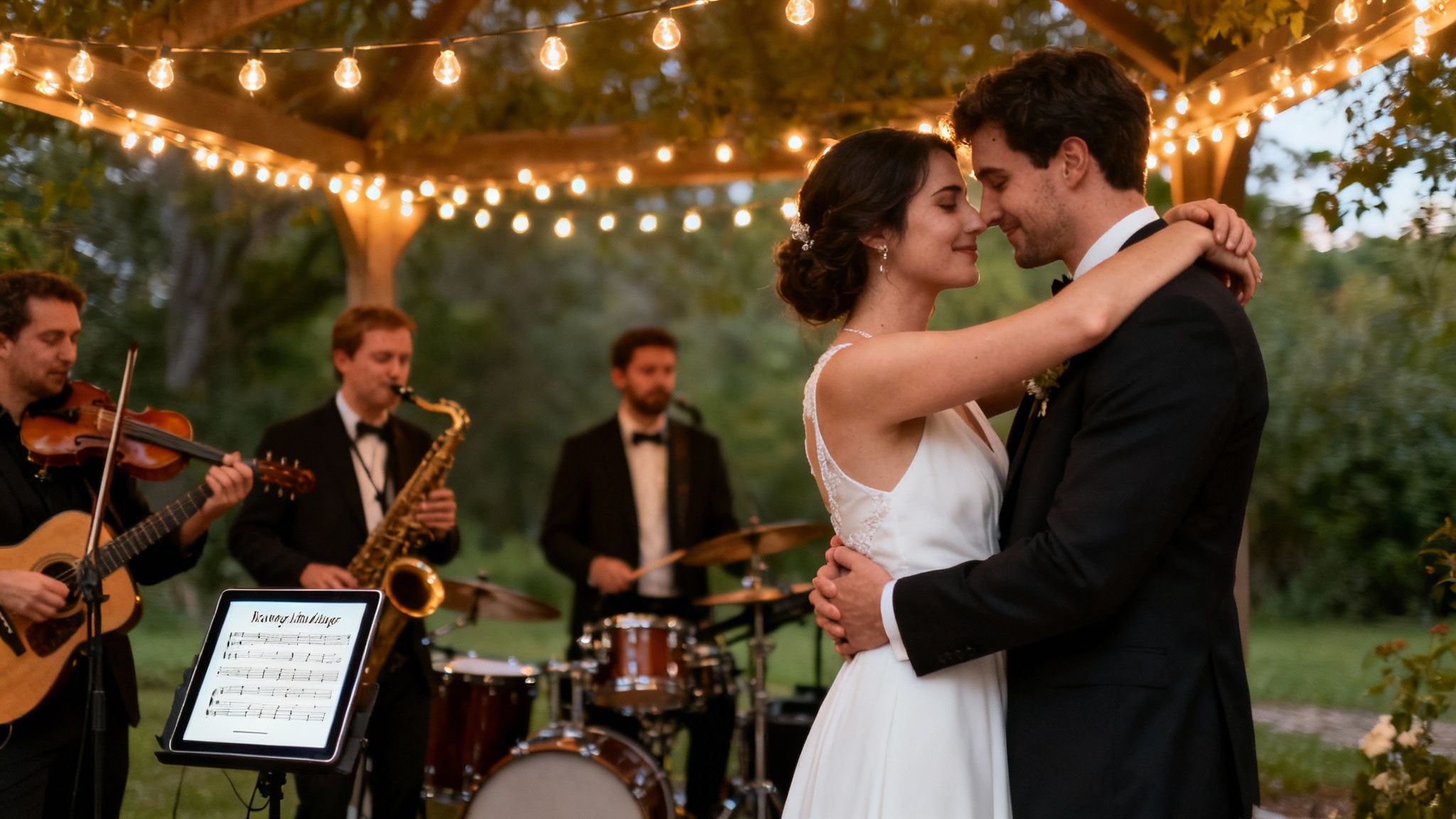 A newlywed couple dances intimately at their outdoor wedding reception, with a live band performing in the background.