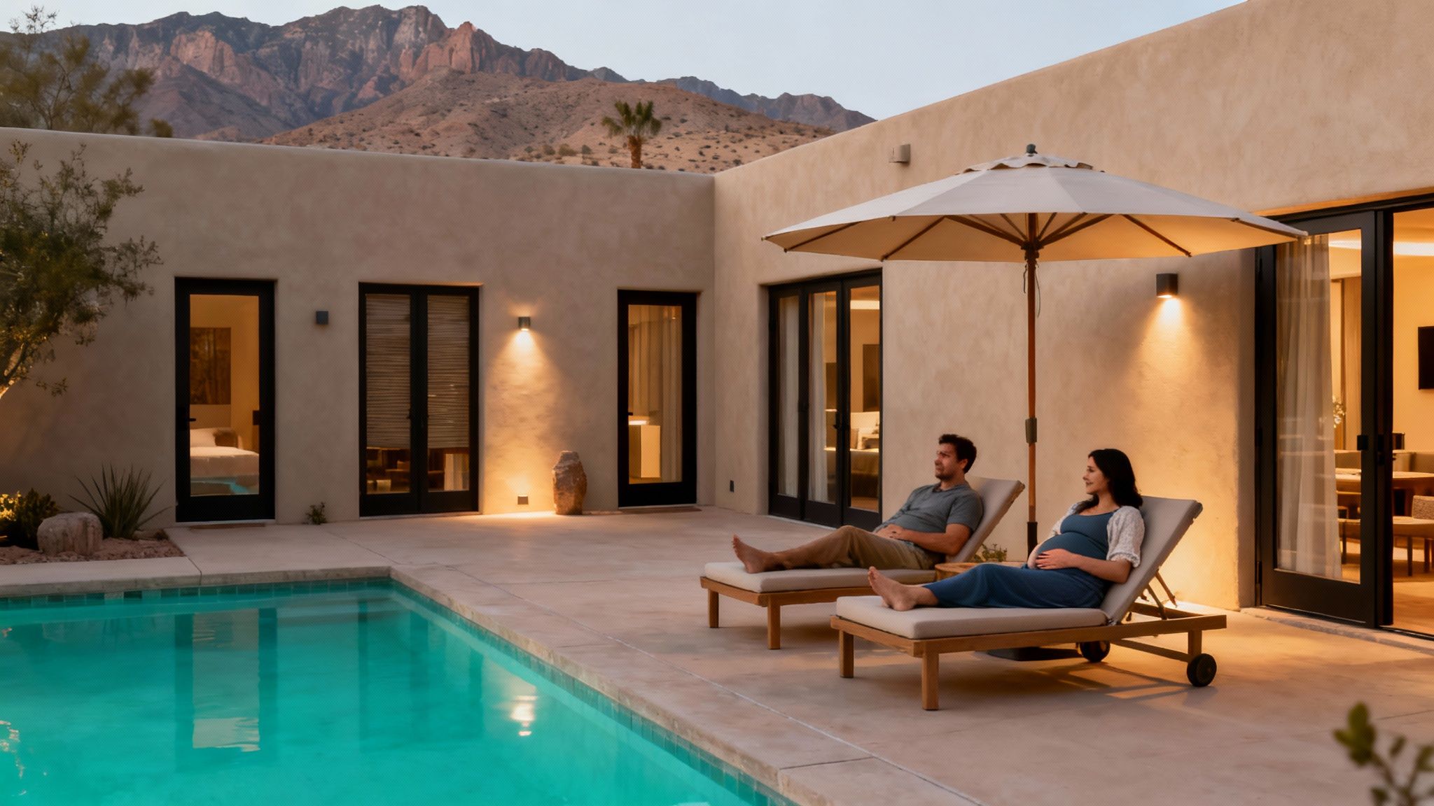 Expecting couple relaxing by a pool in Palm Springs, embodying a serene babymoon.