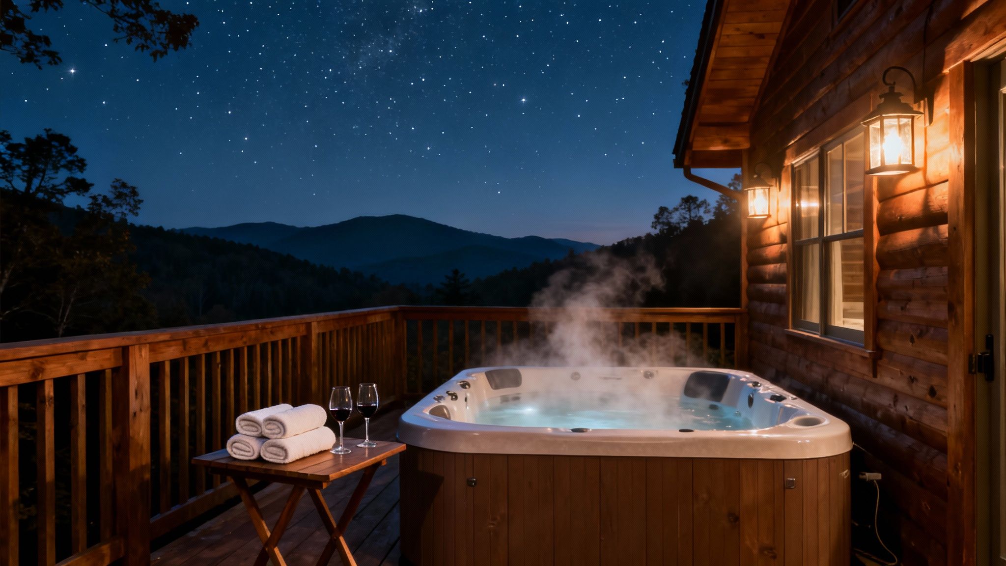 Steaming hot tub on a rustic cabin deck with two glasses of wine under a starry night sky.