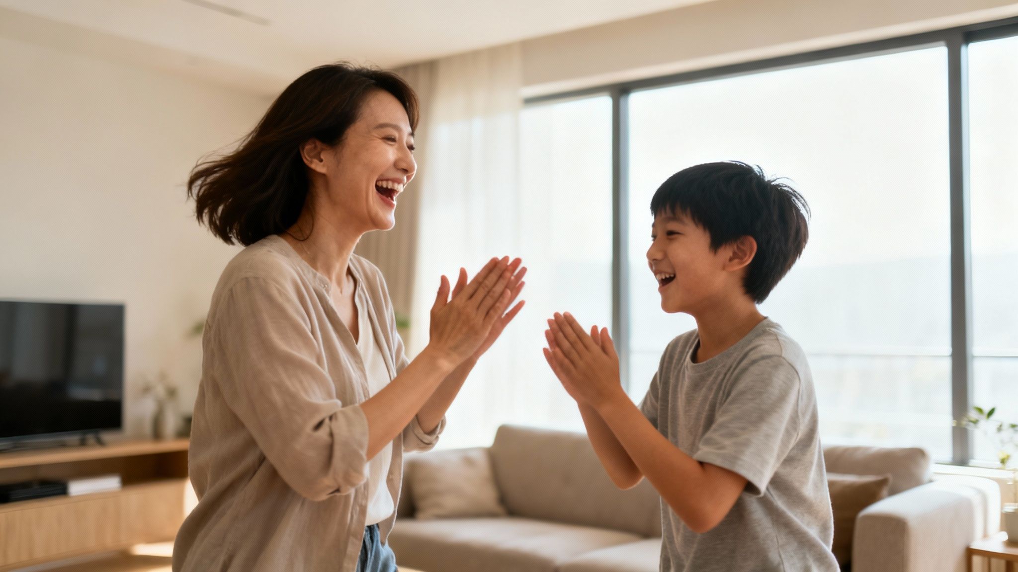 Joyful Asian mother and son laughing and clapping hands together in a bright living room.