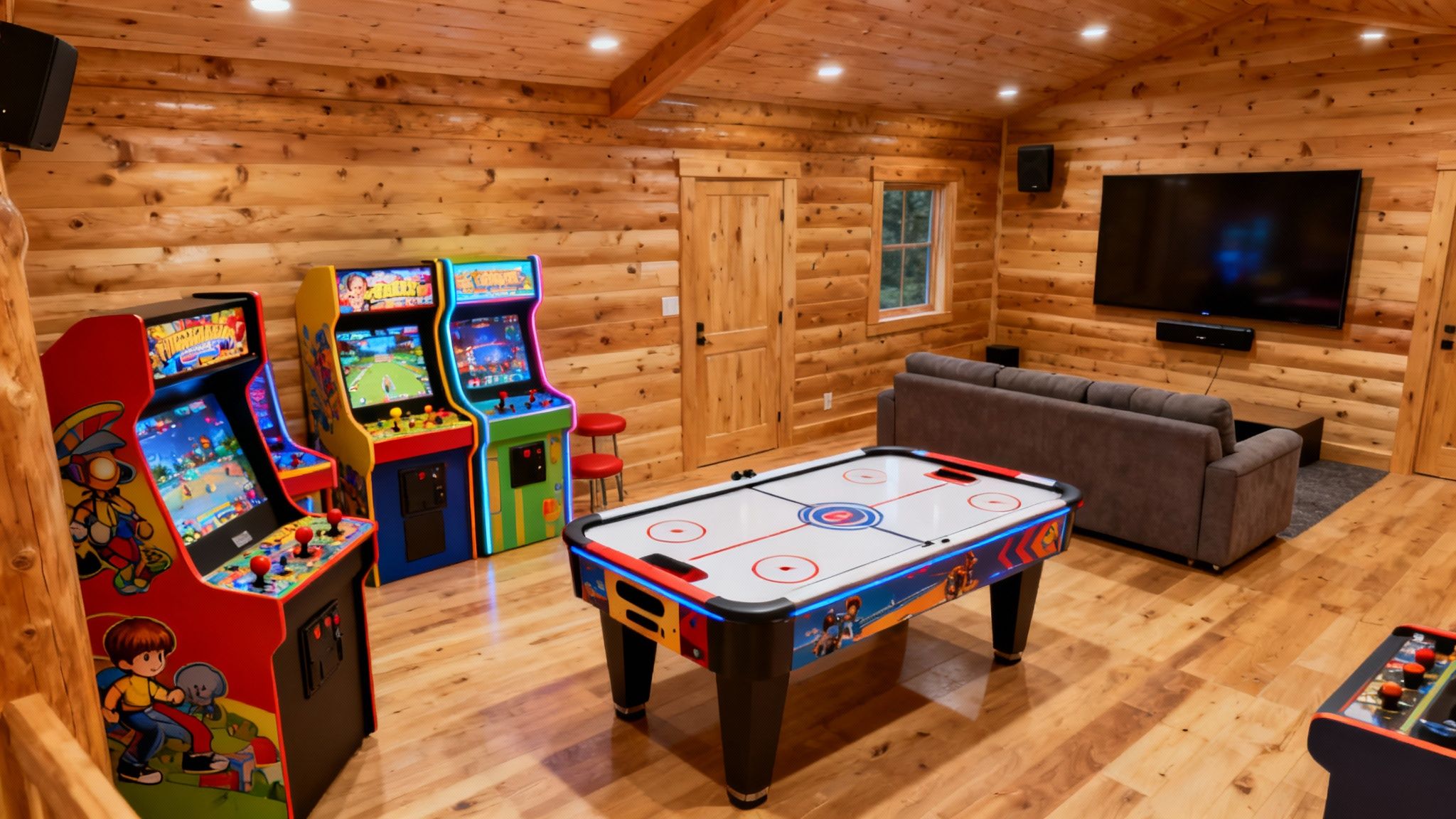 A vibrant game room in a cabin, featuring arcade machines, air hockey, and a large TV.