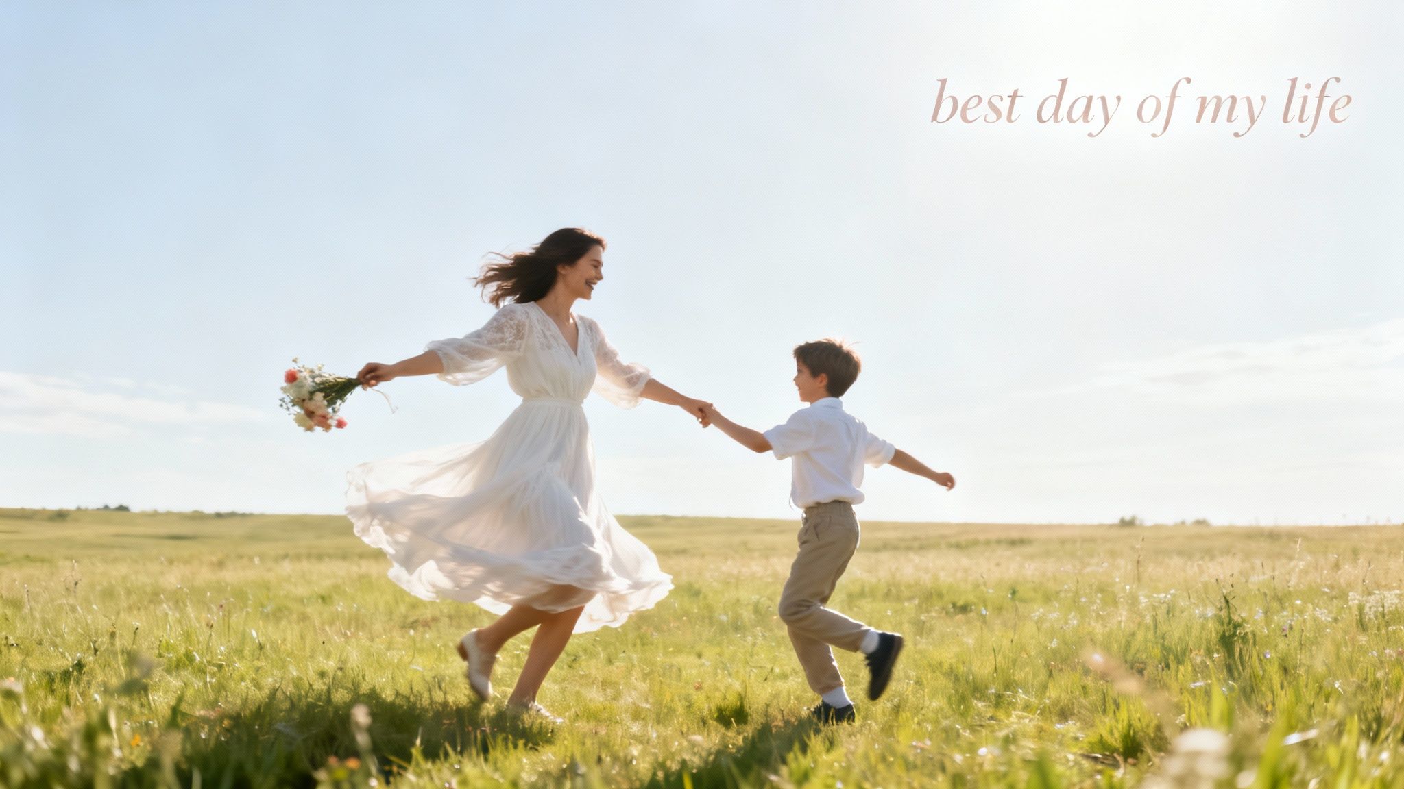 A joyous mother and son hold hands, dancing in a sunlit grassy field with flowers.