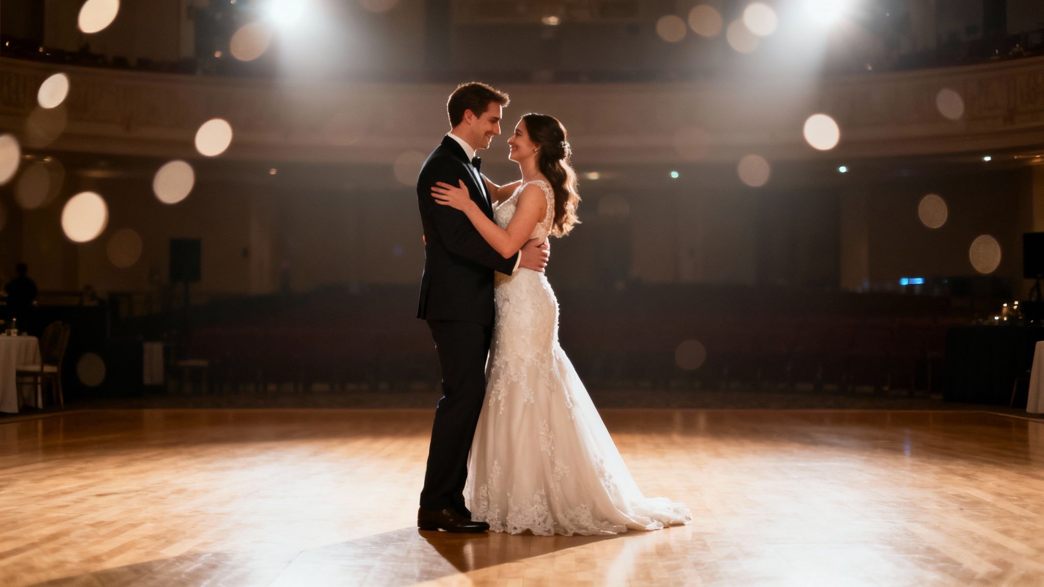 Smiling bride and groom embrace, sharing their first dance in a warmly lit grand ballroom.