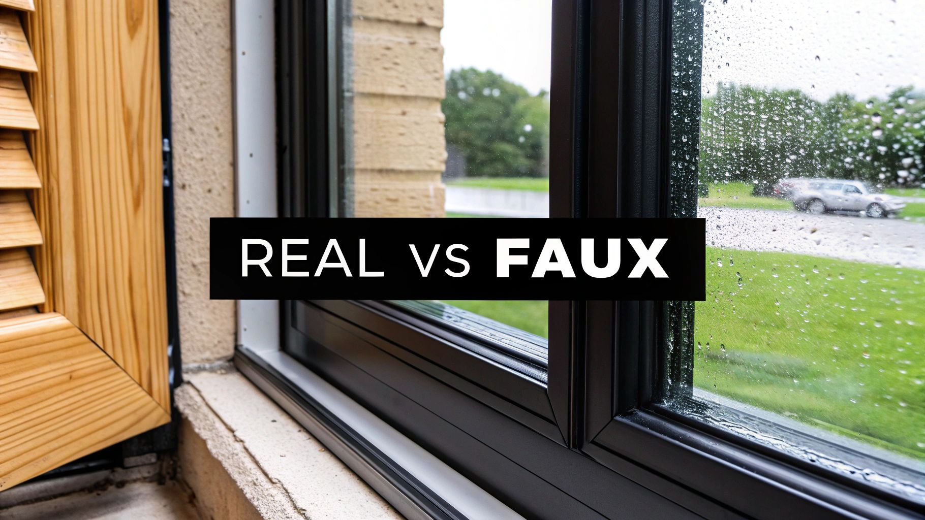 Close-up of a window comparing real wood blinds to a modern window with 'REAL vs FAUX' text.