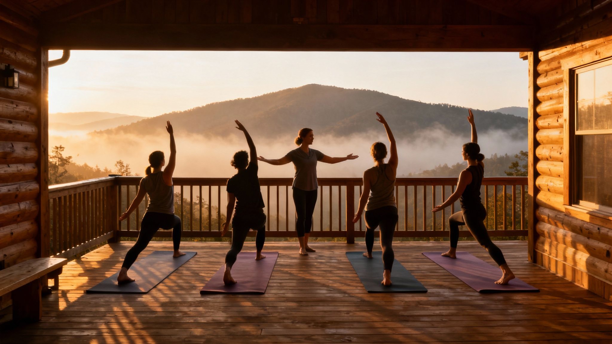 People doing yoga on a wooden deck overlooking misty mountains at sunrise, led by an instructor.