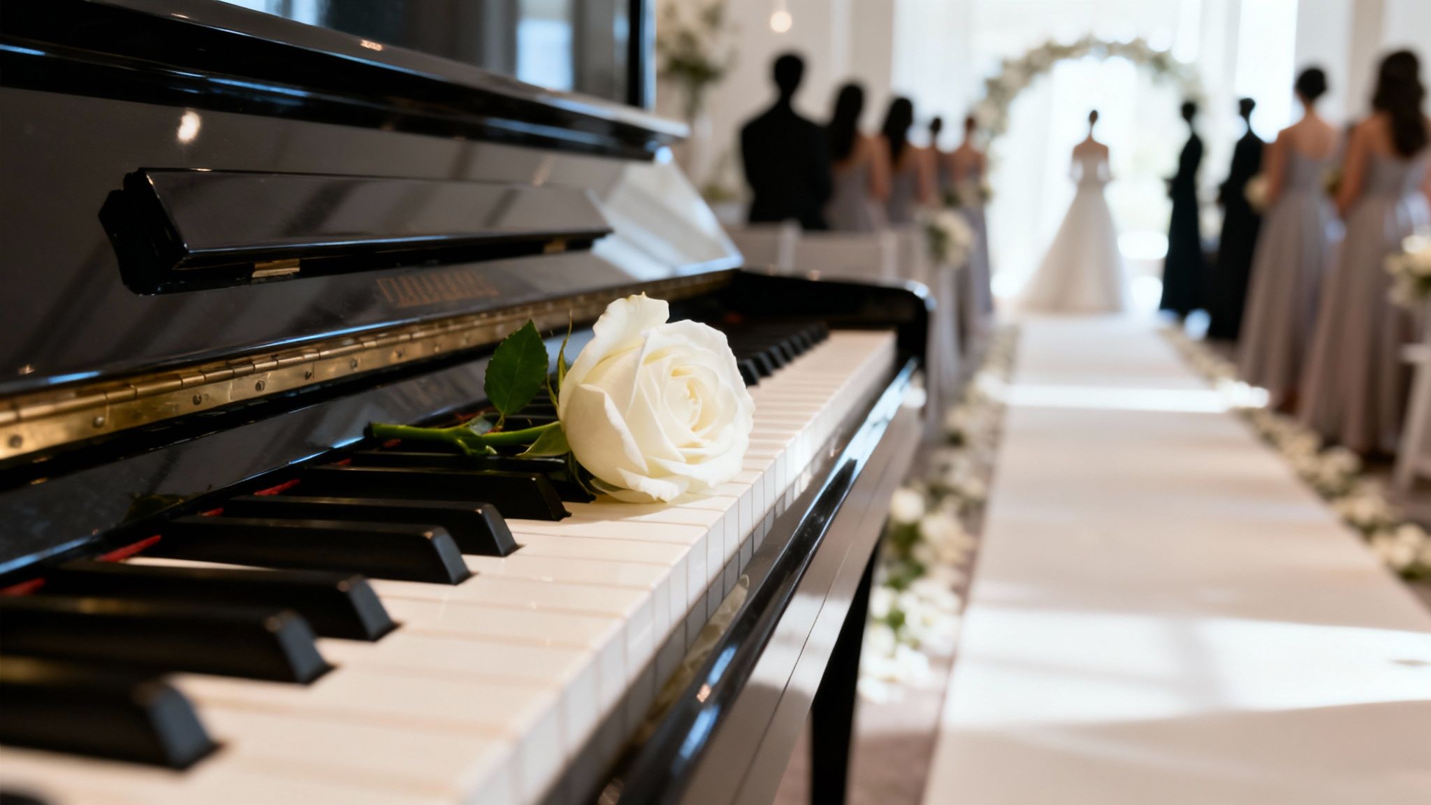 A white rose rests on the keys of a grand piano at a beautiful wedding ceremony.