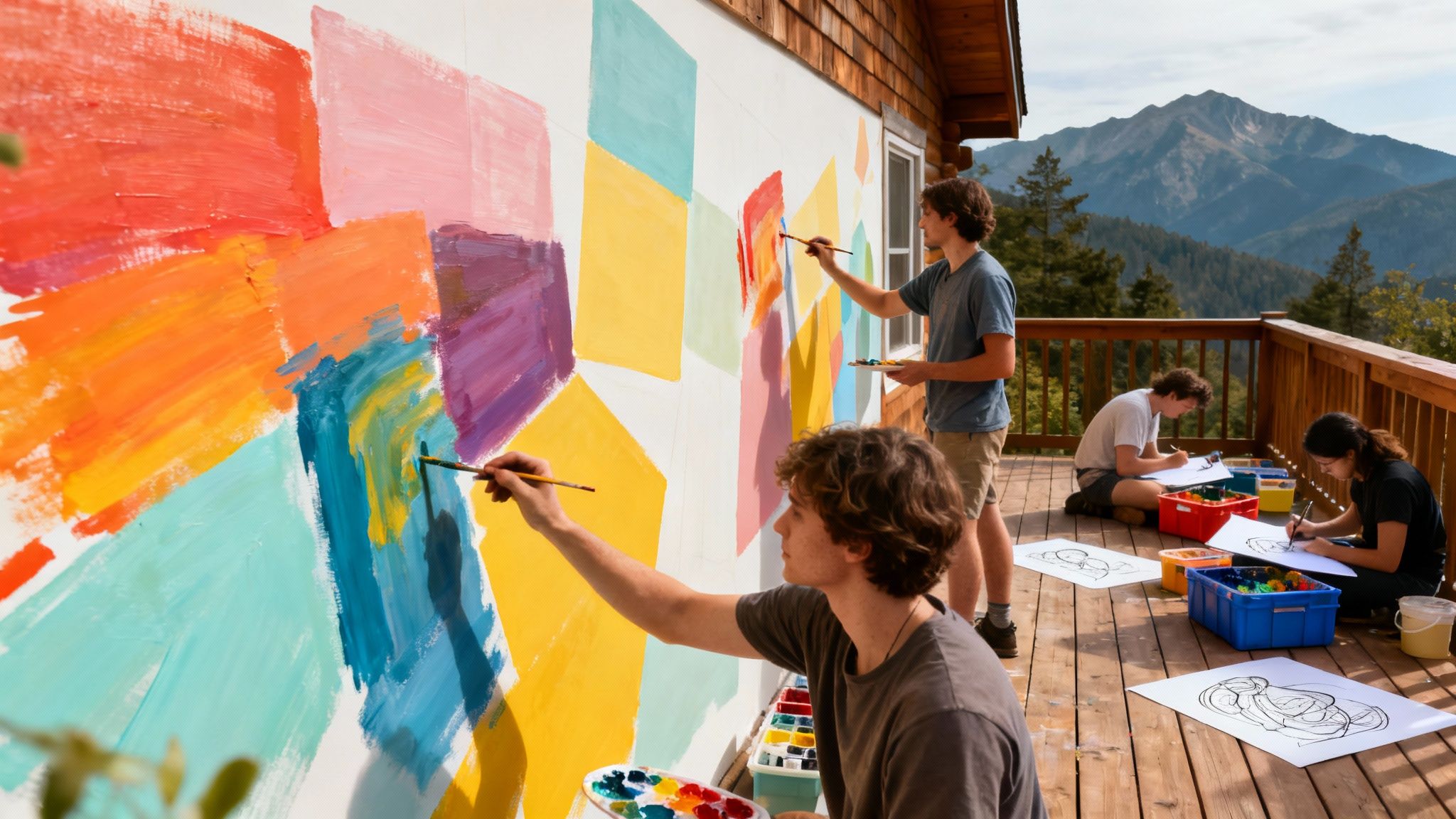 Young people painting a vibrant abstract mural on an outdoor wall and drawing on a deck.