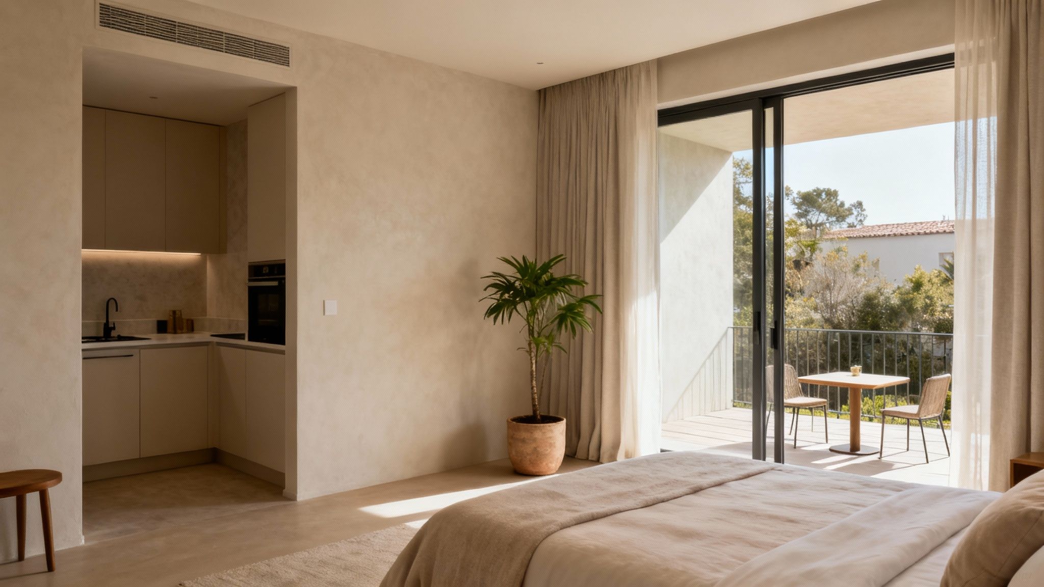 Expecting mother relaxing in a stylish, sunlit hotel room at The Muse Hotel Palm Springs.