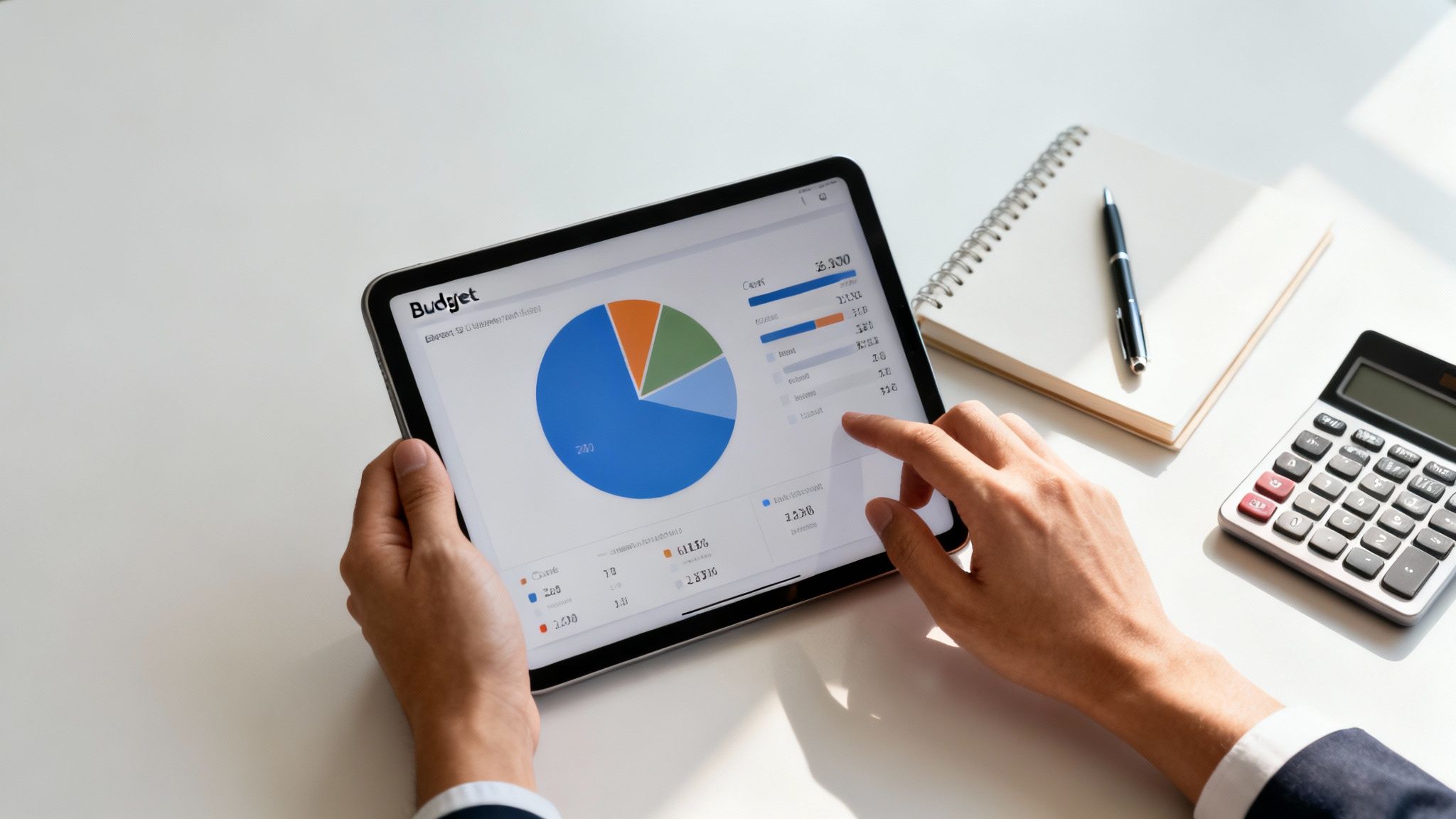 Person analyzing budget data on a tablet, with a notebook and calculator on a white desk.