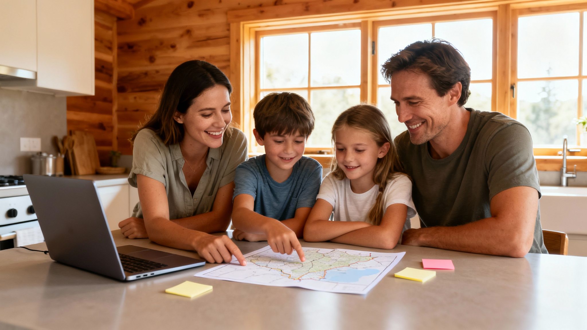 A happy family, including parents and children, is looking at a map, planning a vacation.