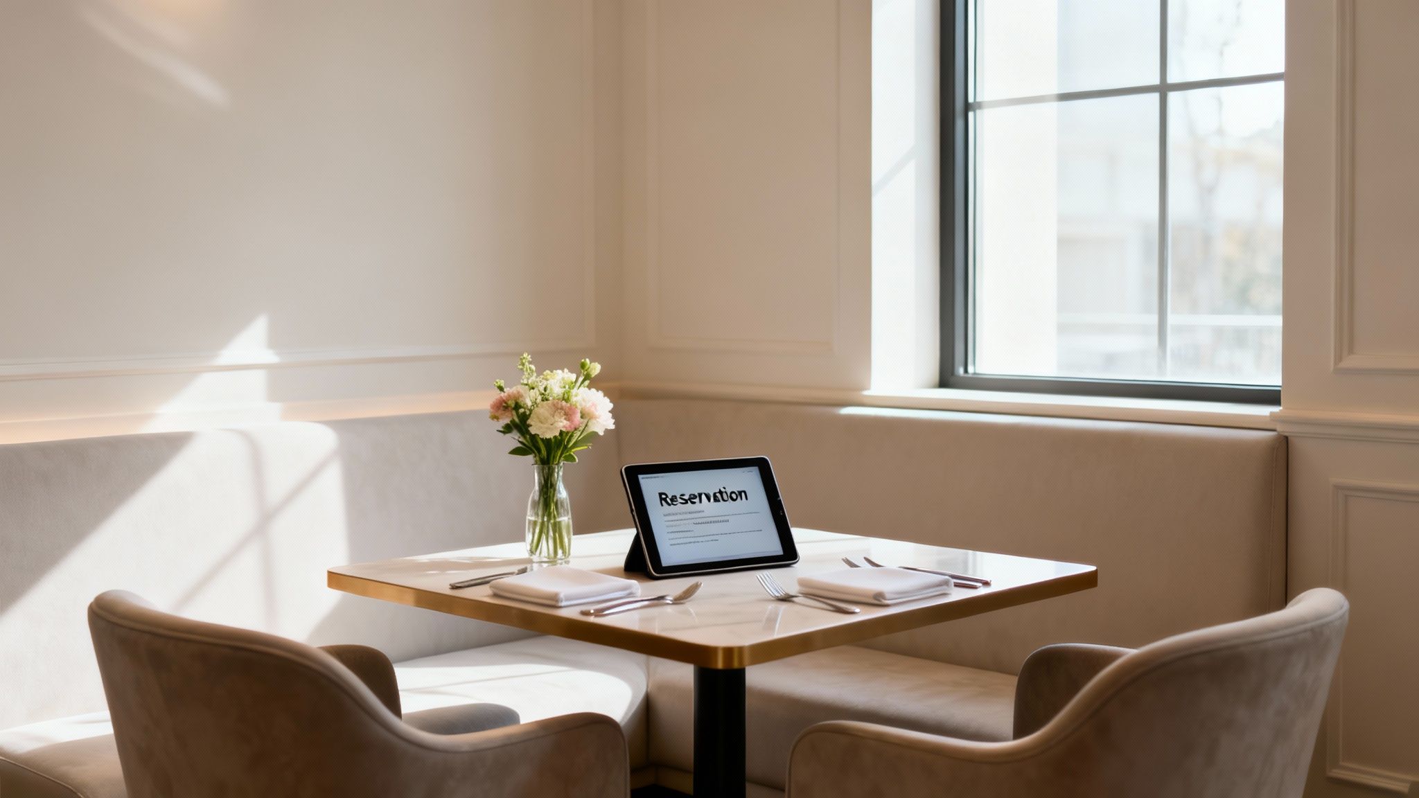 A well-lit restaurant dining table with a 'Reservation' tablet, fresh flowers, and comfortable seating.