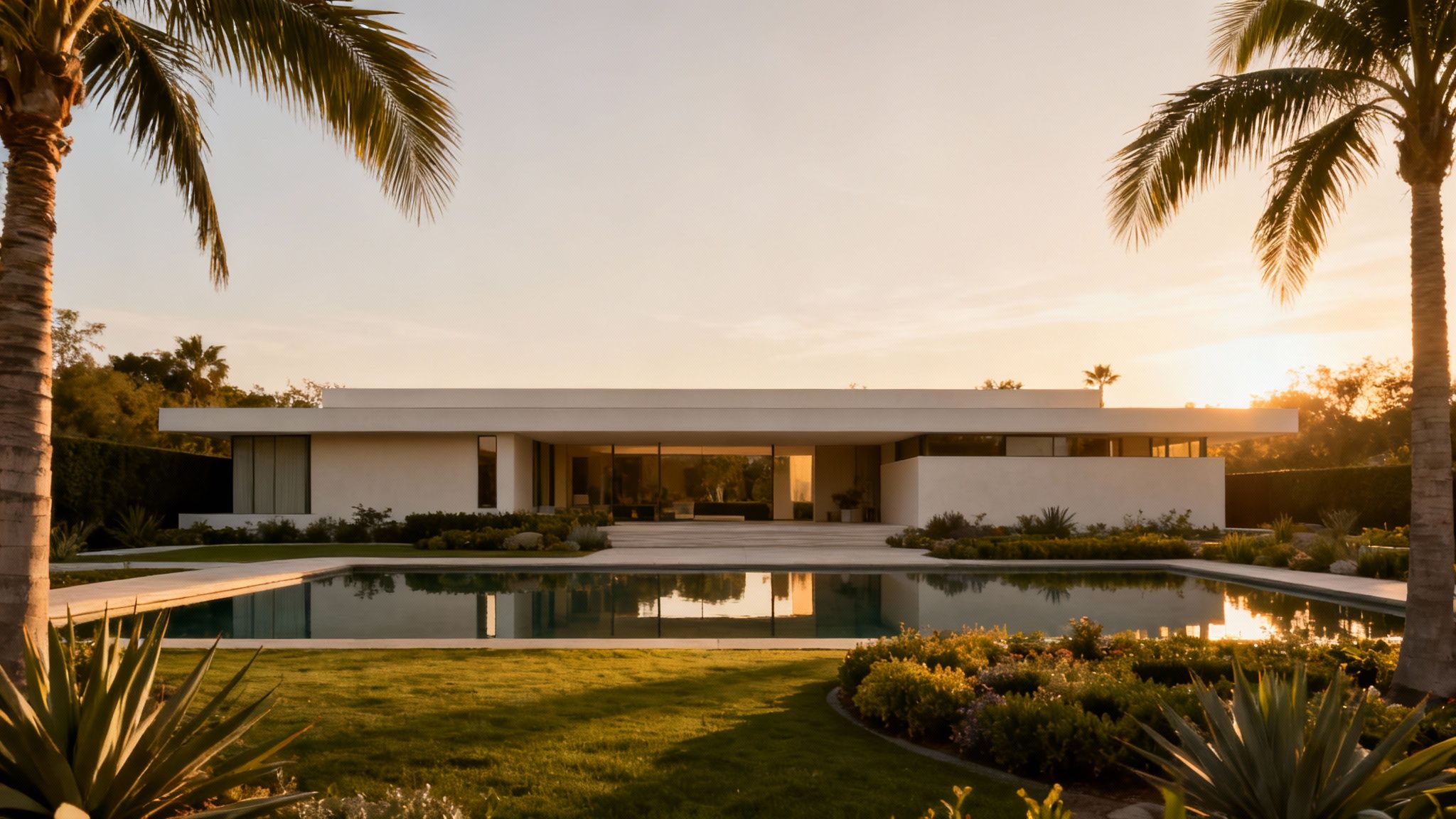 A sleek modern white house with a reflecting pool at sunset, framed by palm trees and lush gardens.