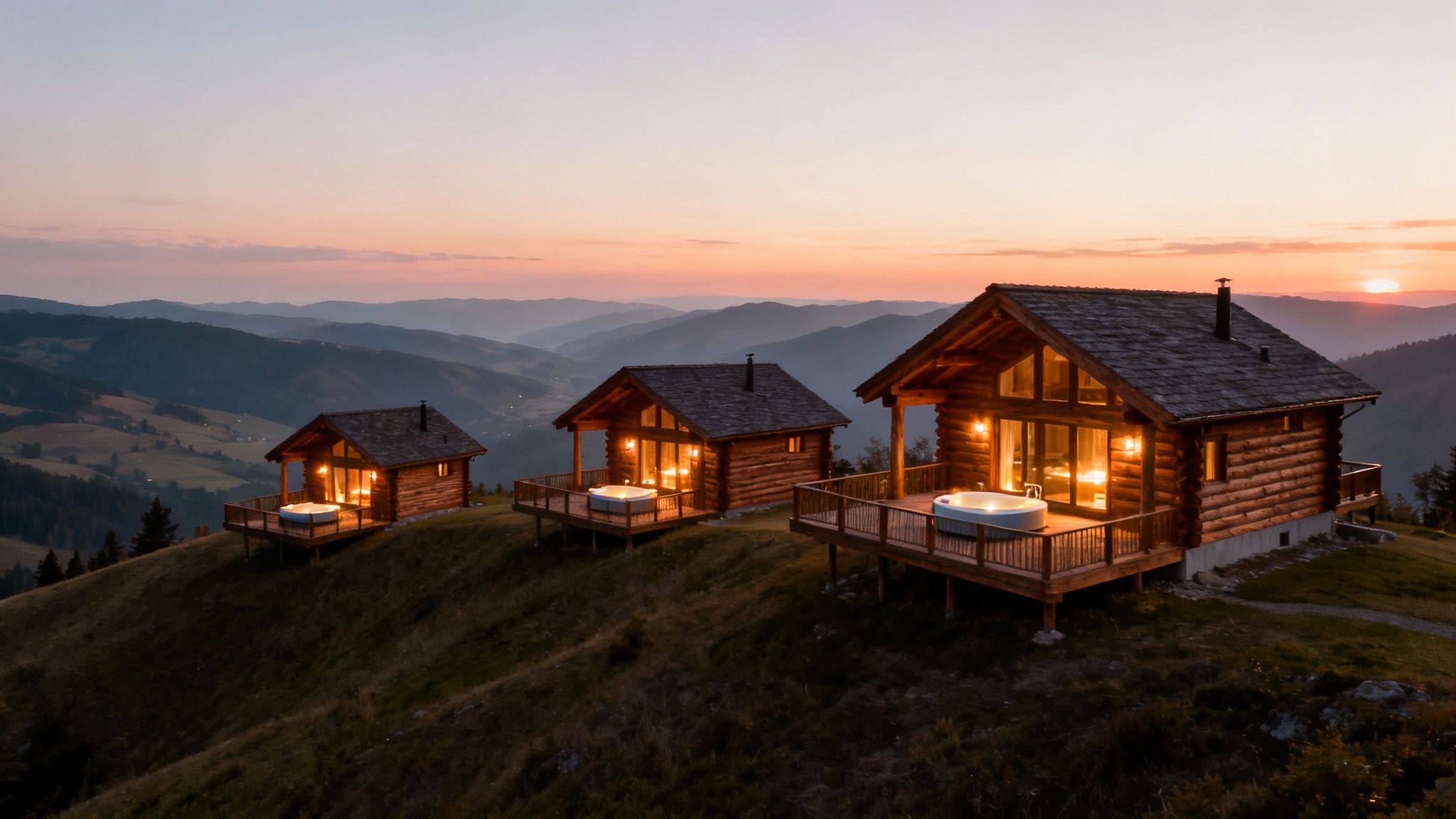 Three rustic log cabins with glowing lights and hot tubs, overlooking a scenic mountain valley at sunset.