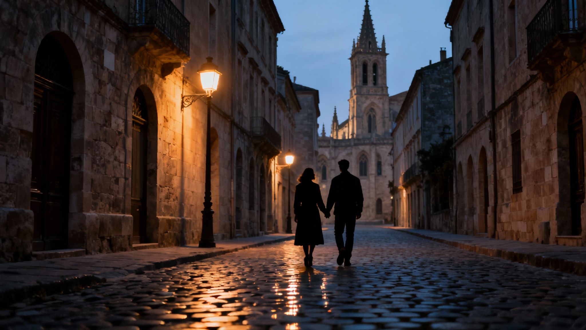 Romantic couple walking hand in hand through cobblestone street at dusk towards illuminated church